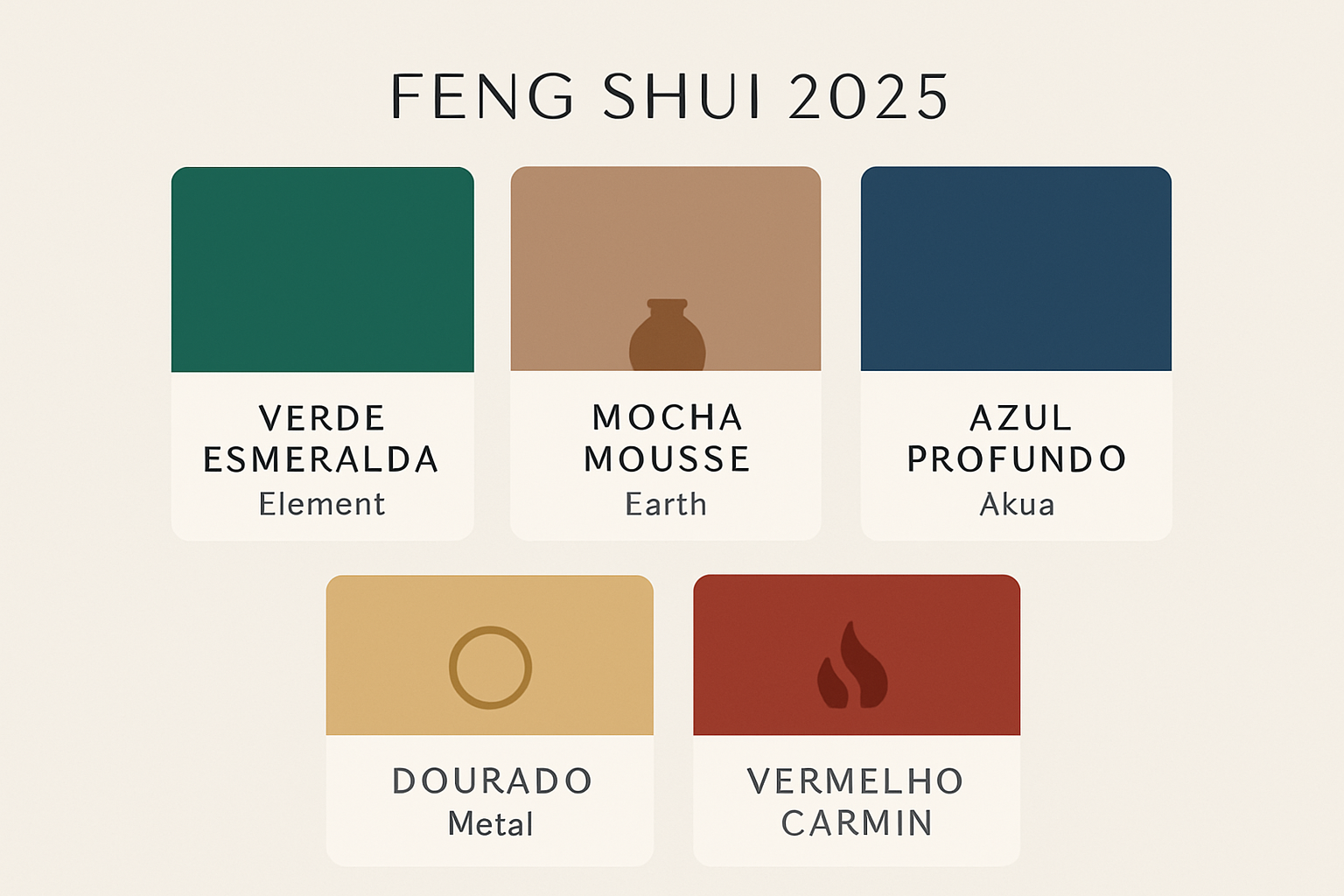 Paleta de cores tendência do Feng Shui para 2025, incluindo Verde Esmeralda, Mocha Mousse e Azul Profundo.