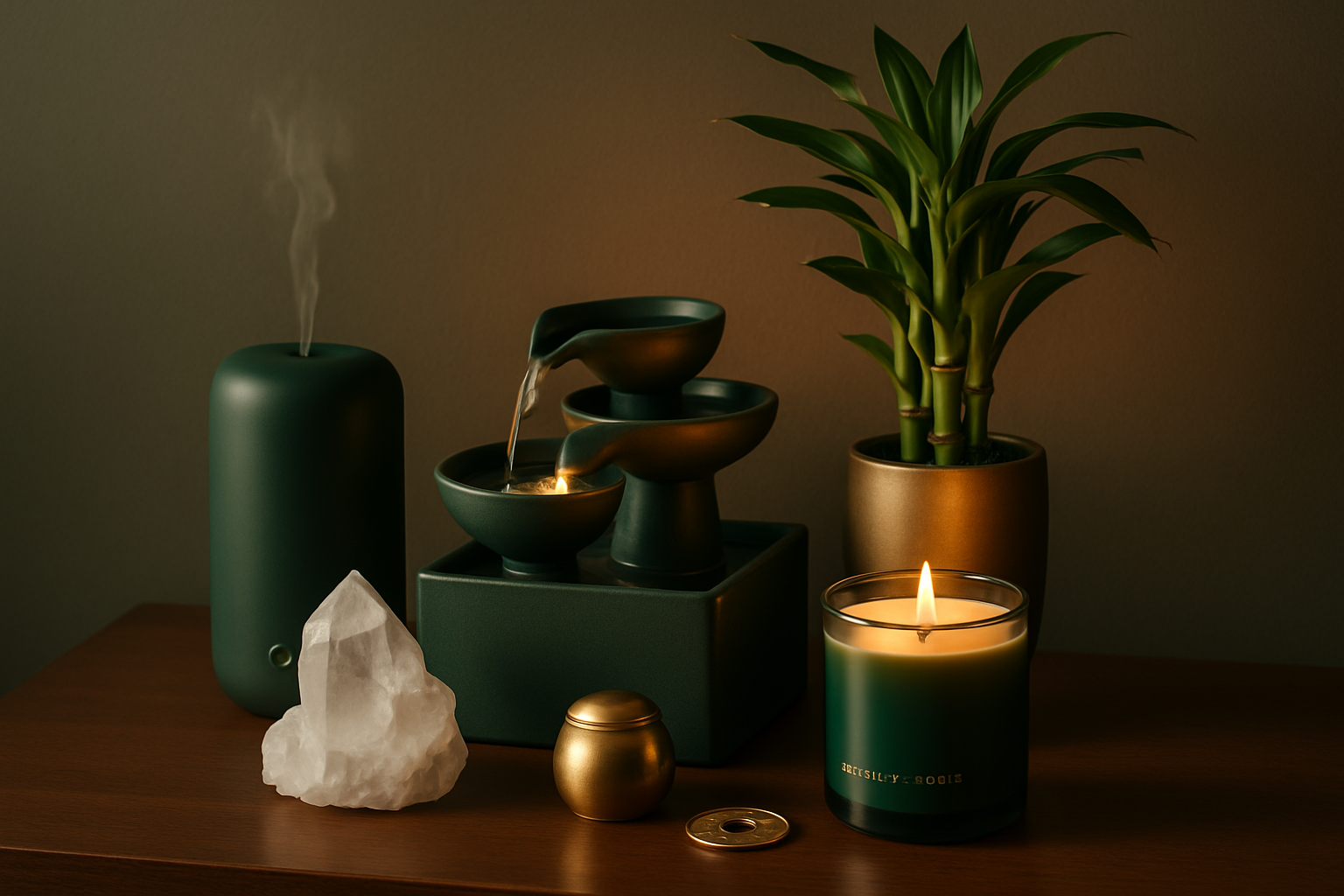 Detalhe de um canto da casa com objetos de Feng Shui, como cristais, plantas e velas, criando um ambiente sereno.