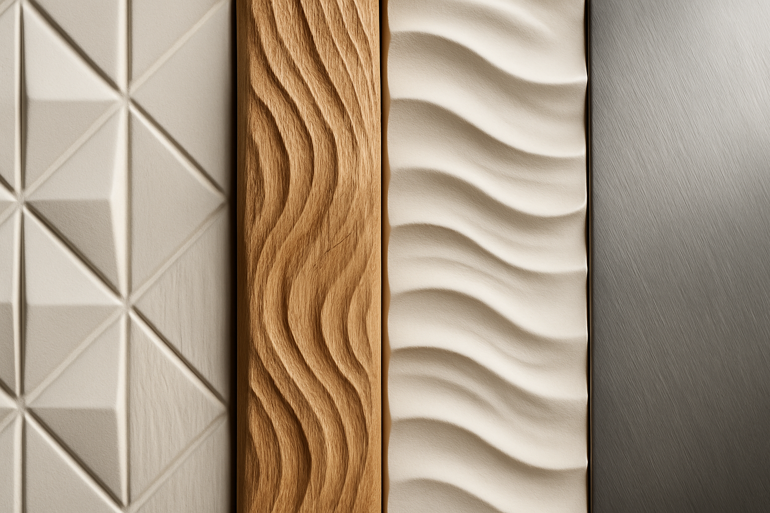 Detalhe de diferentes materiais de revestimento 3D: cerâmica, madeira, gesso e metal
