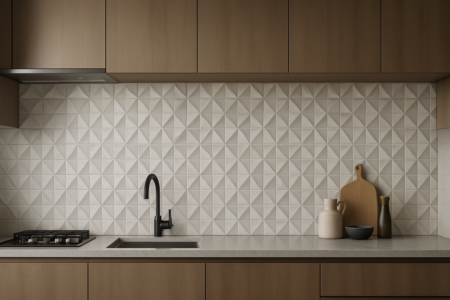 Cozinha moderna com revestimento 3D na parede da bancada, material cerâmico com relevo geométrico