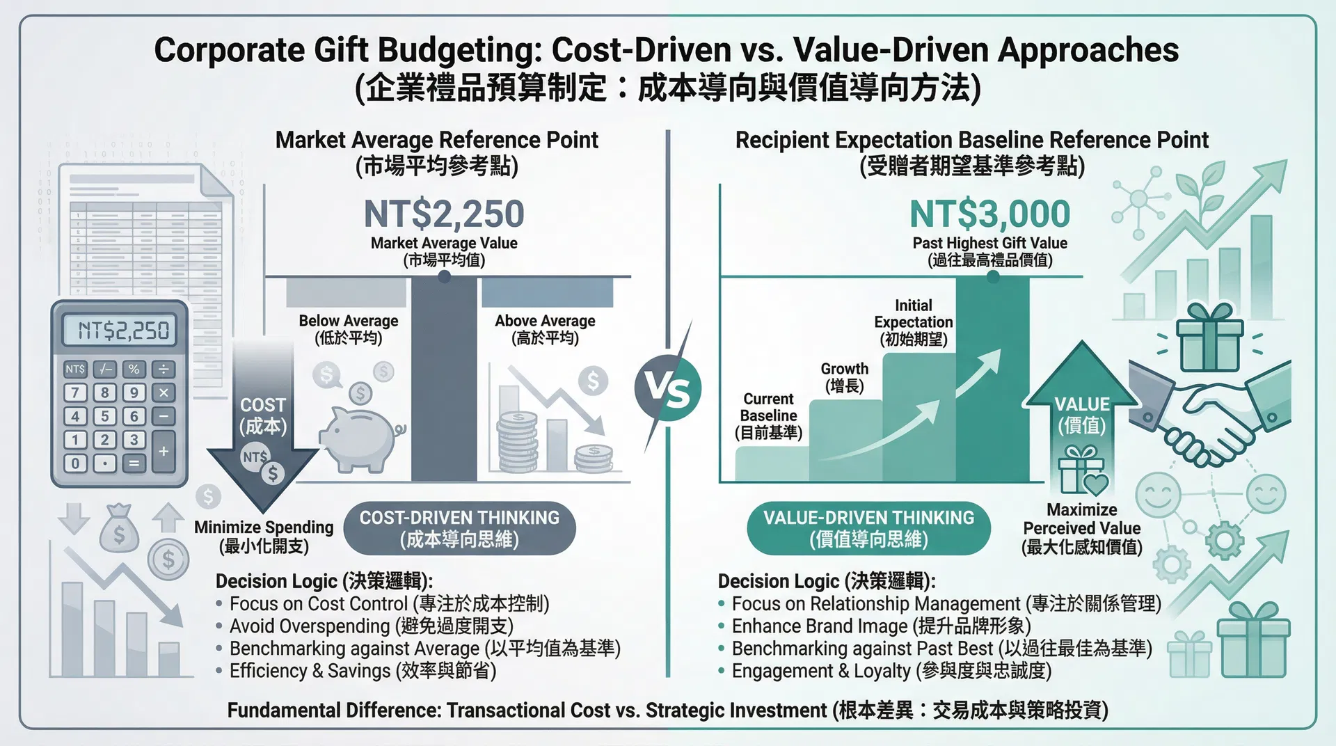比較市場平均值參考點與接收者期待基準參考點的差異示意圖