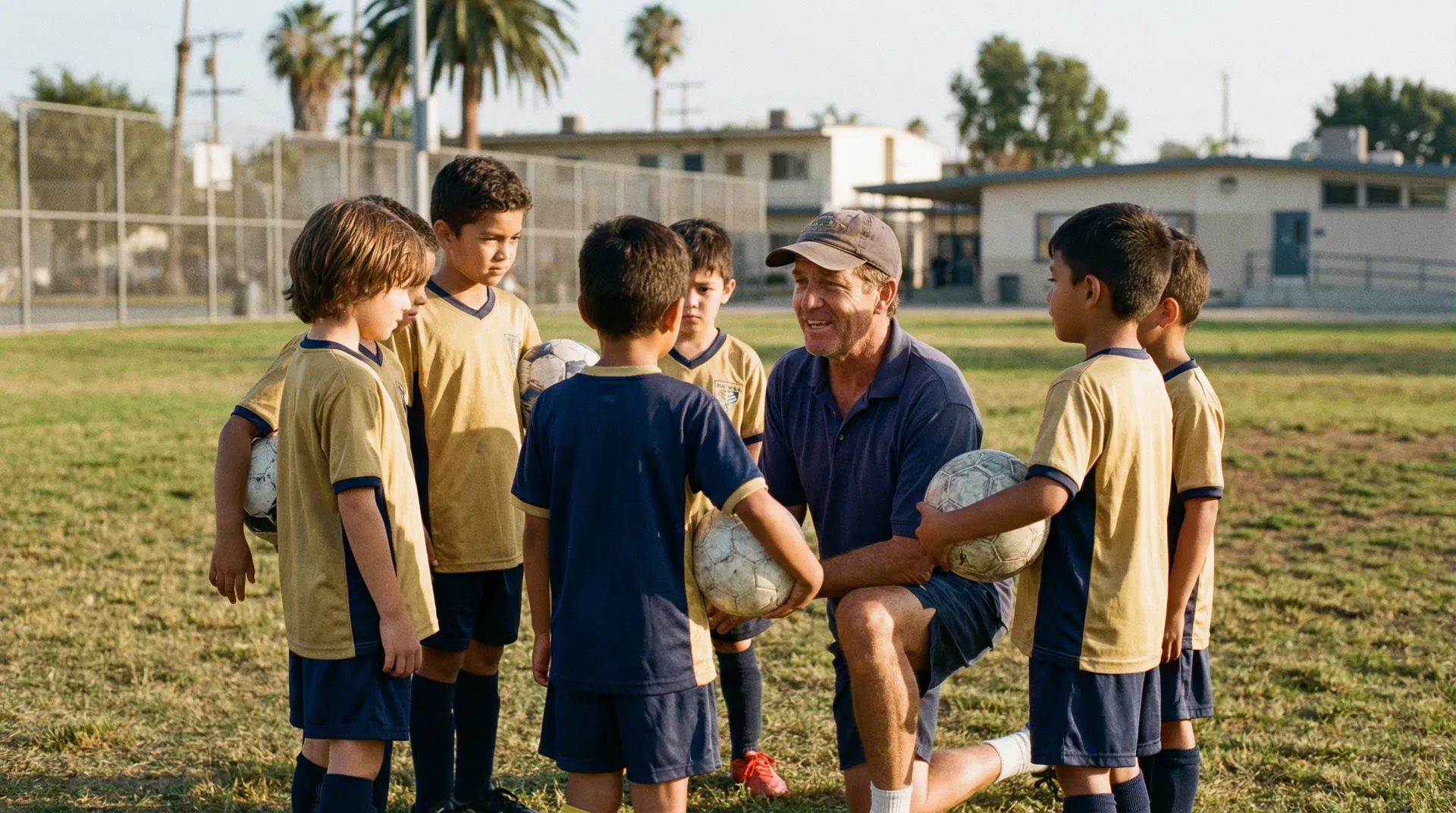 Nordic Soccer coach with young players on a school field