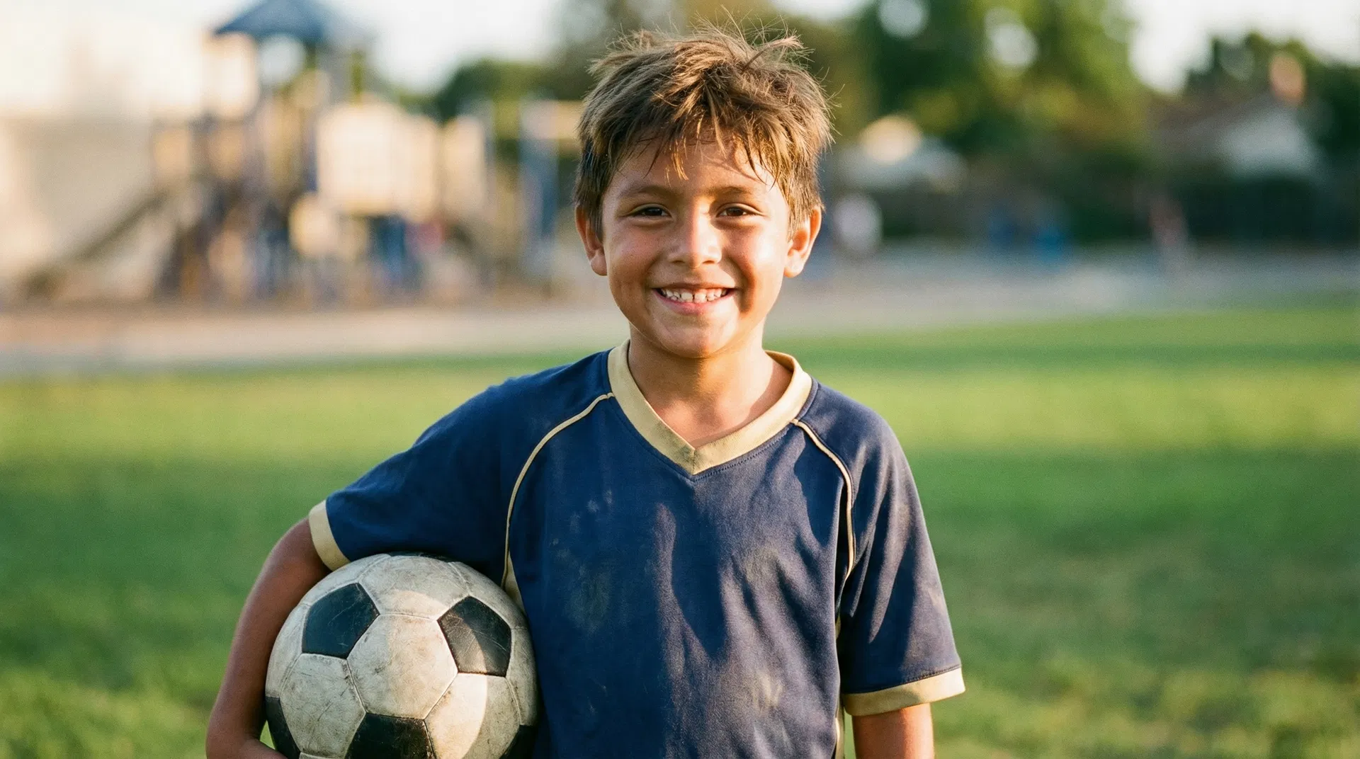 Young soccer player smiling with a ball