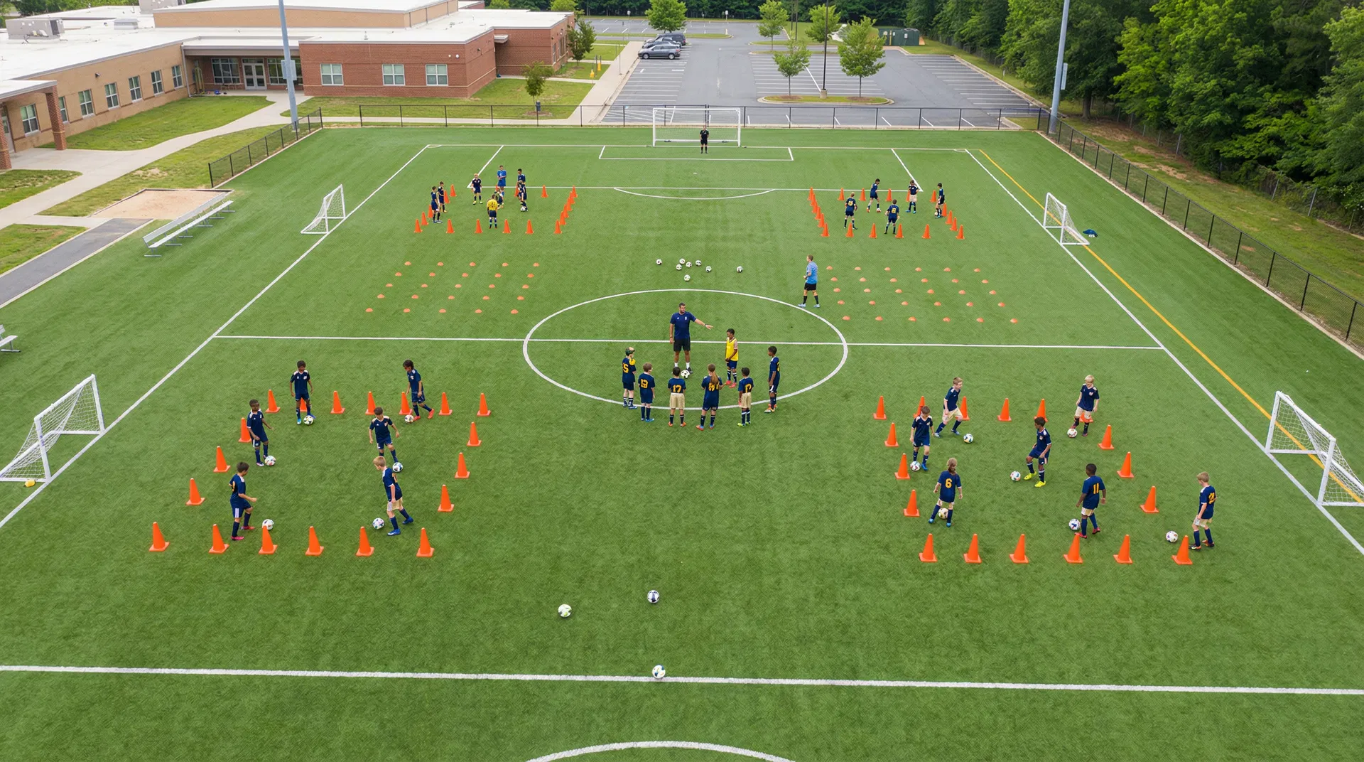 Aerial view of youth soccer training session on a school field