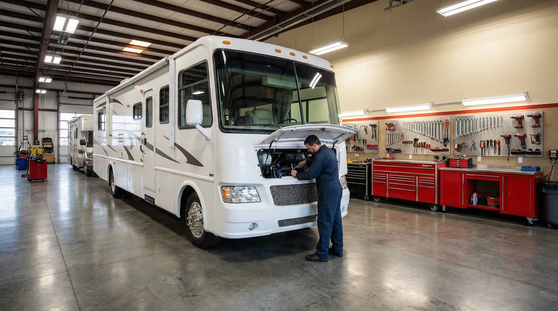 Class A motorhome being serviced at CTR Repair shop in Concord NC
