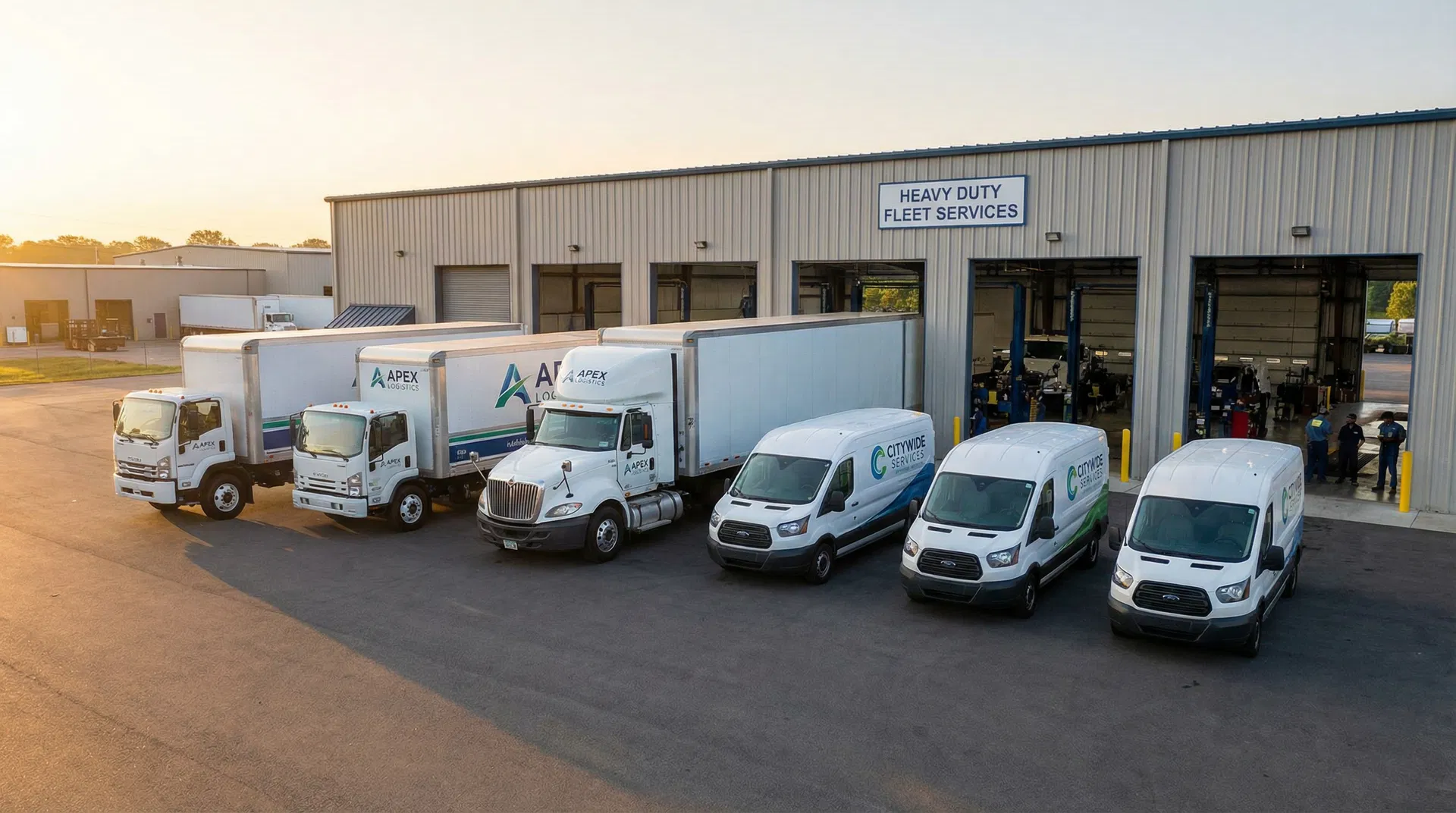 Fleet of commercial trucks at CTR Repair facility