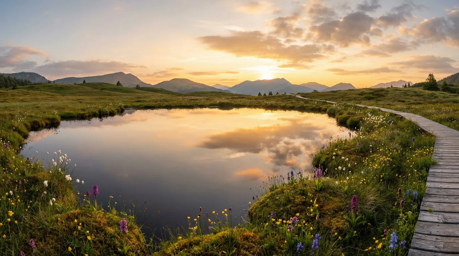 The pristine Neydharting Moor in the Austrian Alps at golden hour