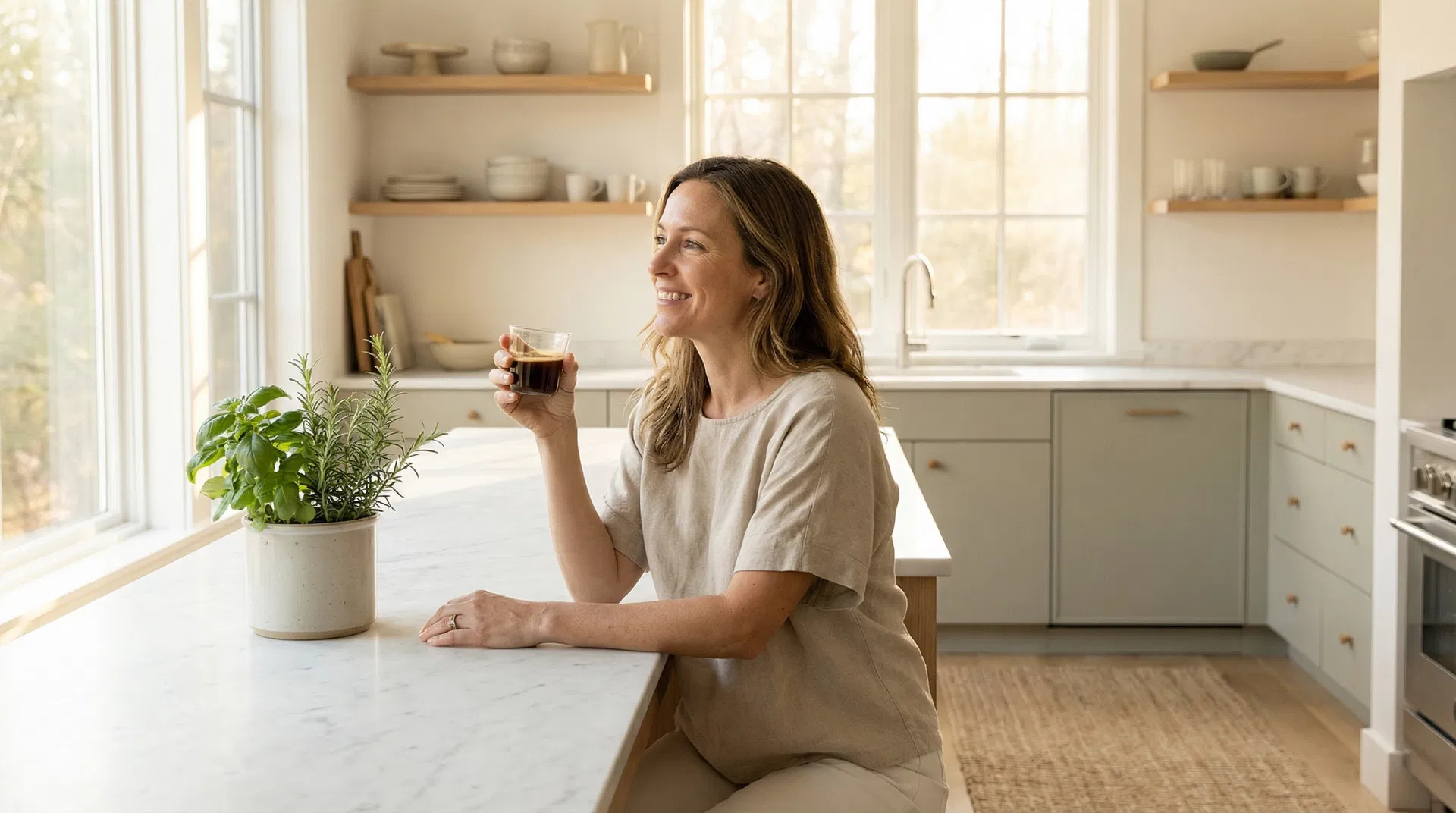 A woman enjoying a peaceful morning wellness ritual, representing the freedom from digestive pain