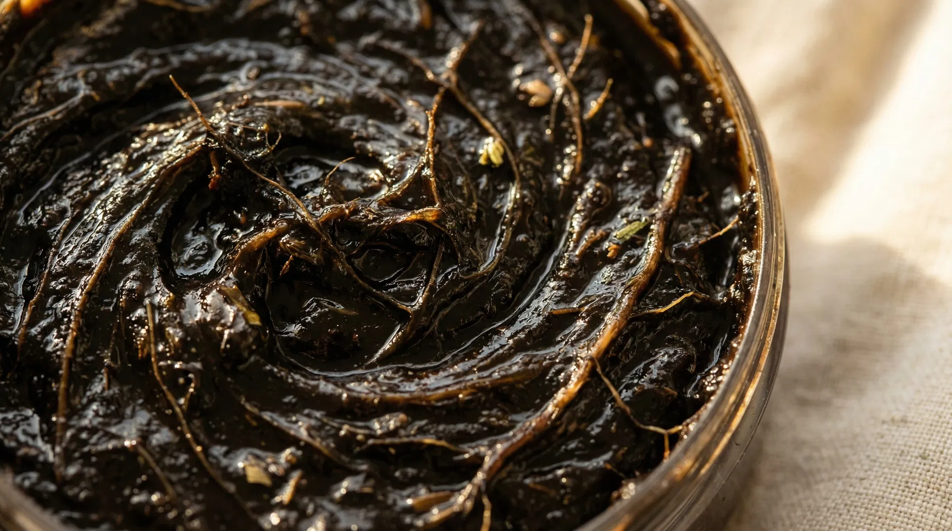 Close-up of the rich, dark Neydharting Moor substance showing its complex botanical composition