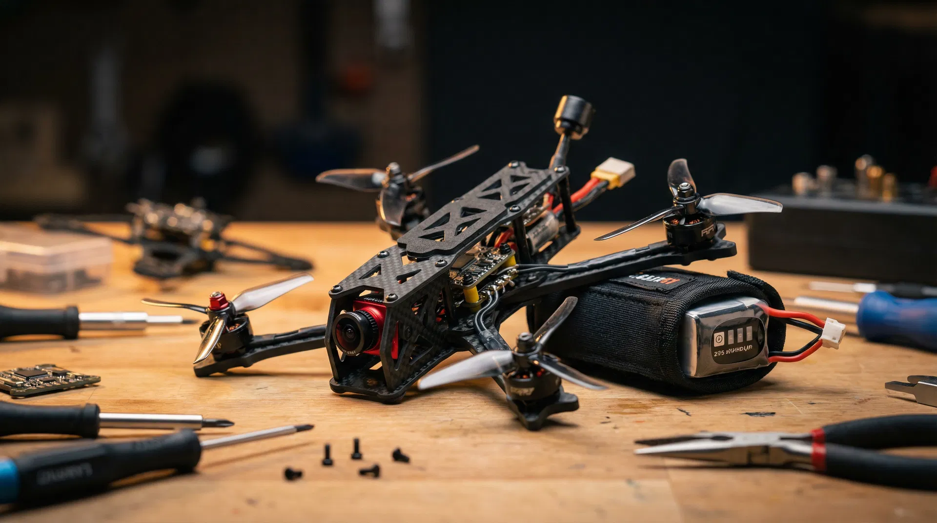 Drone FPV sur un etabli