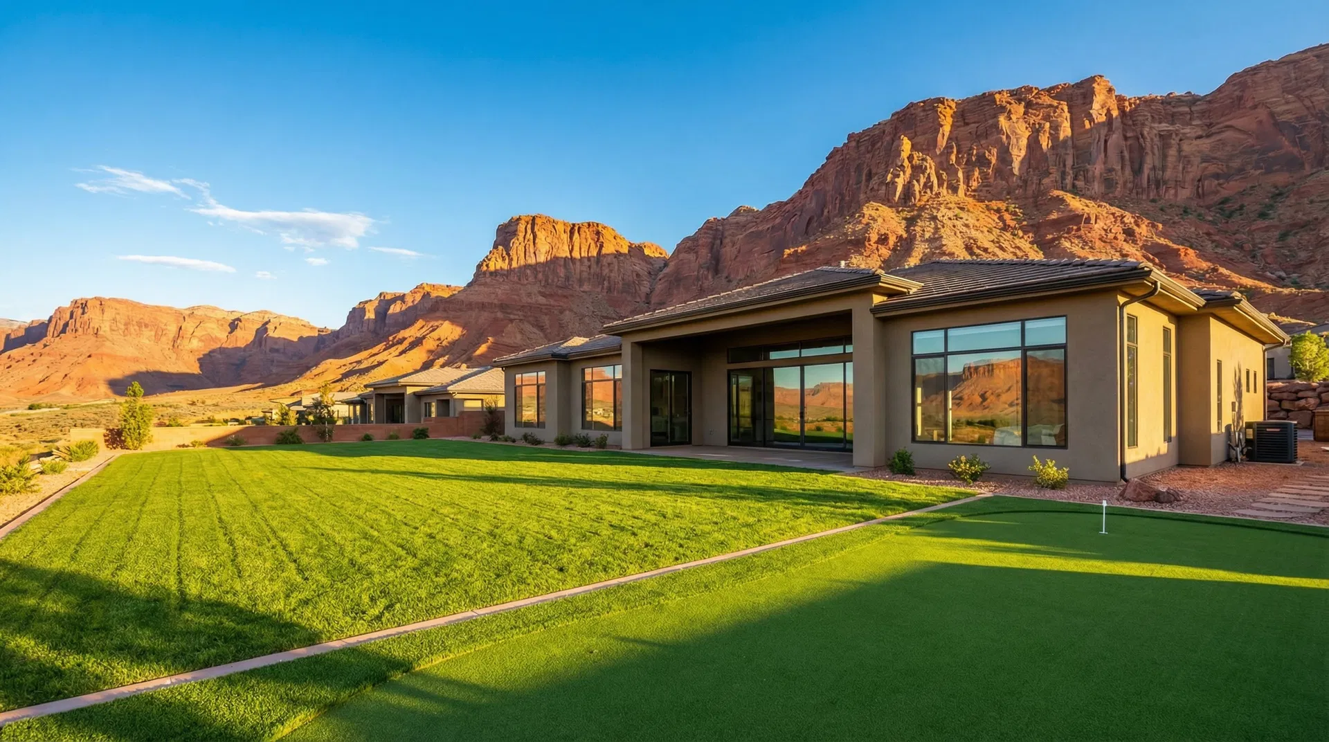 Beautiful maintained property with green lawn and clean windows in St. George, Utah with red rock mountains