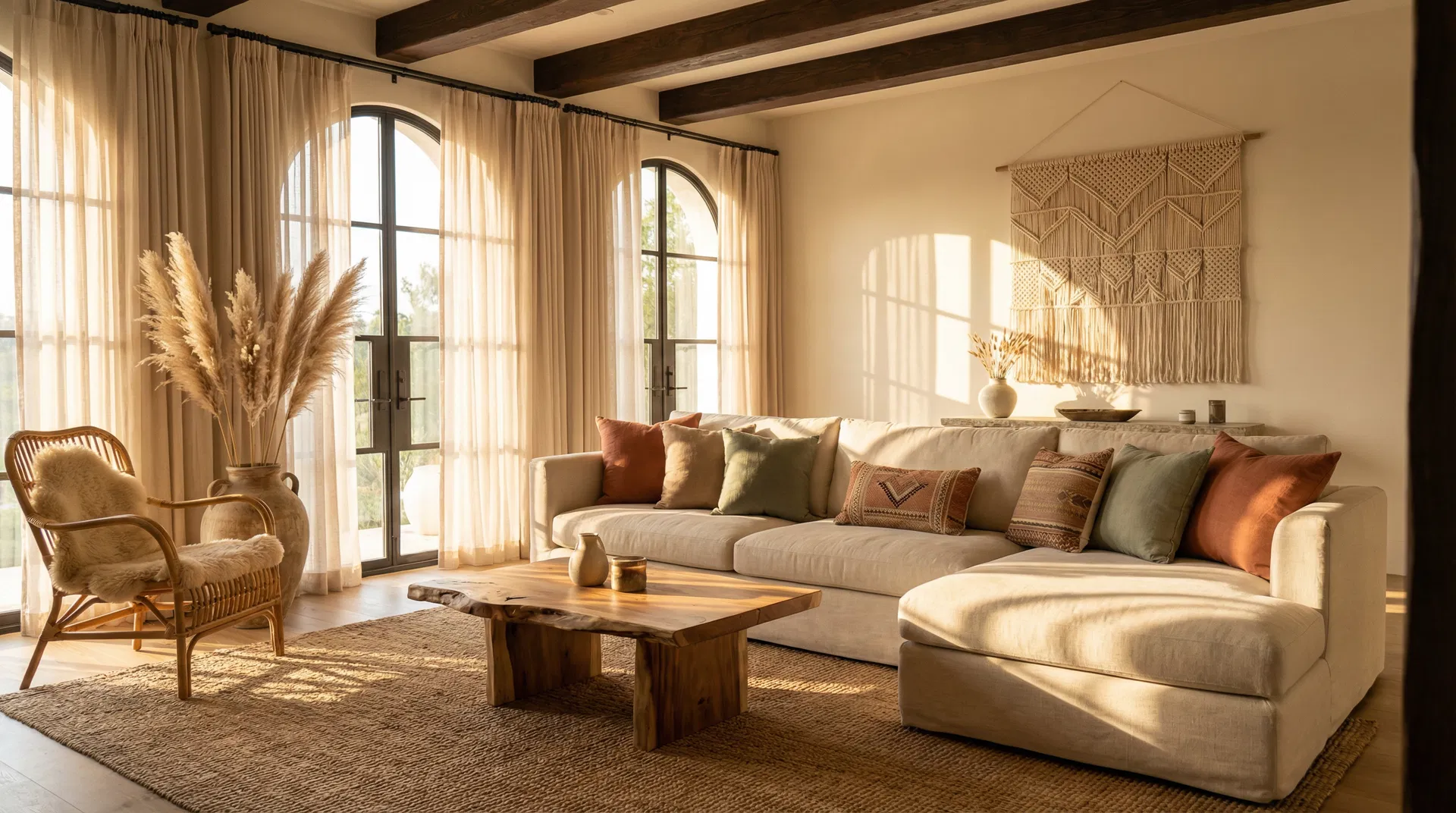 Sala boho luxuosa com sofá creme, tapete de juta e decoração natural