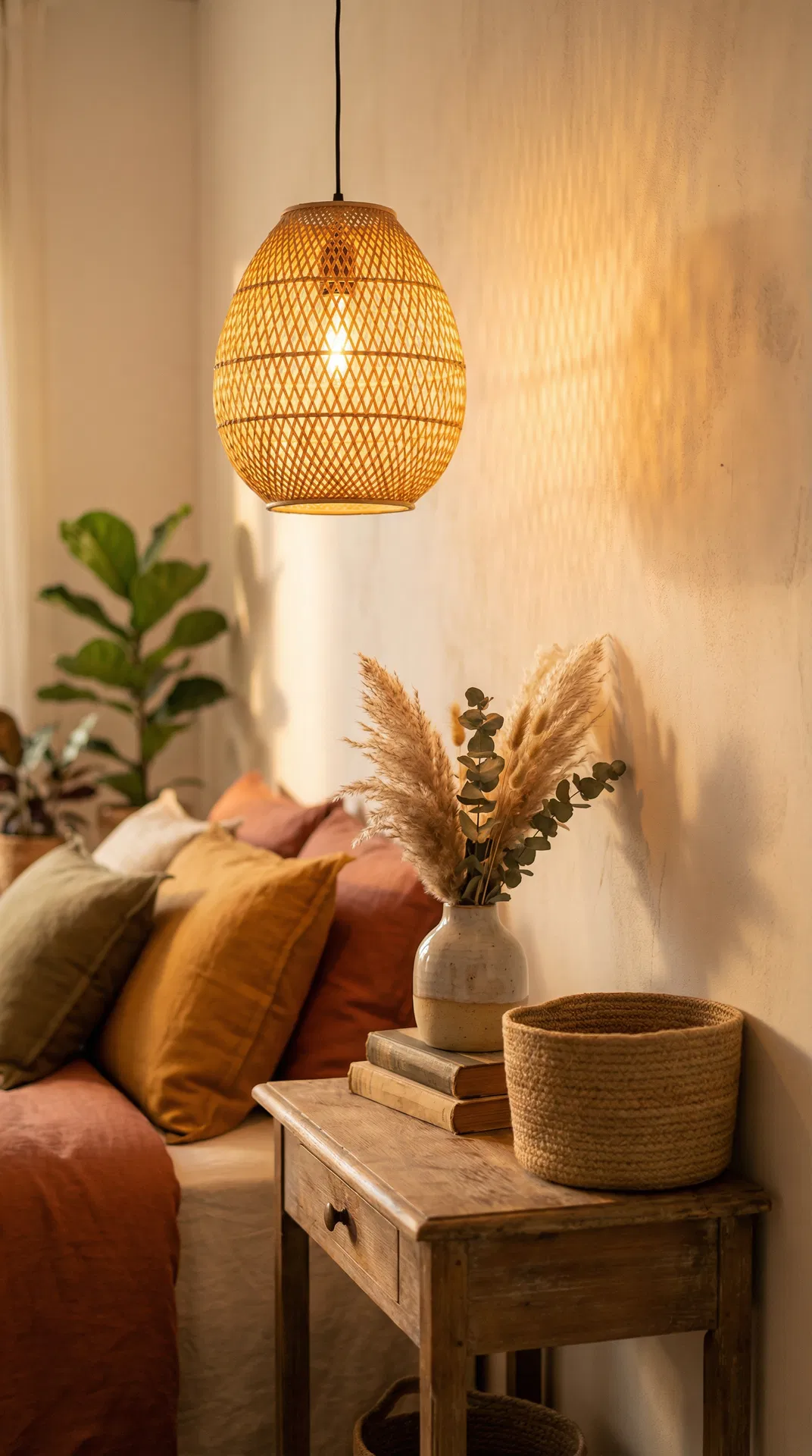 Iluminação rattan com ambiente acolhedor