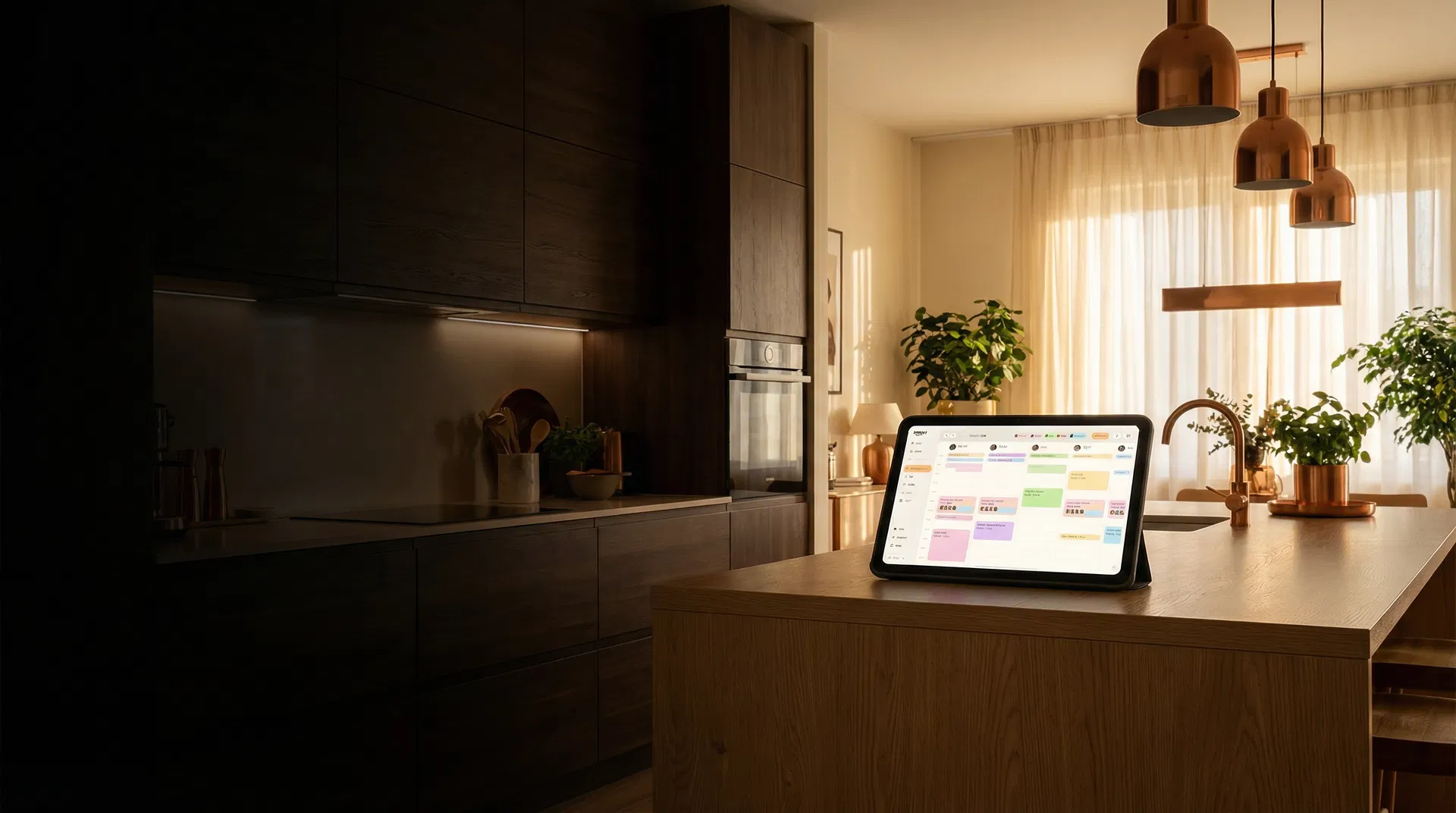 Nori smart display on a kitchen counter in a warm, modern home