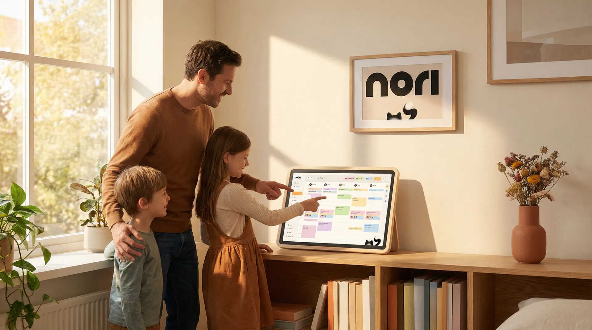 A father and two children gathered around the Nori smart display, pointing at the colorful family calendar
