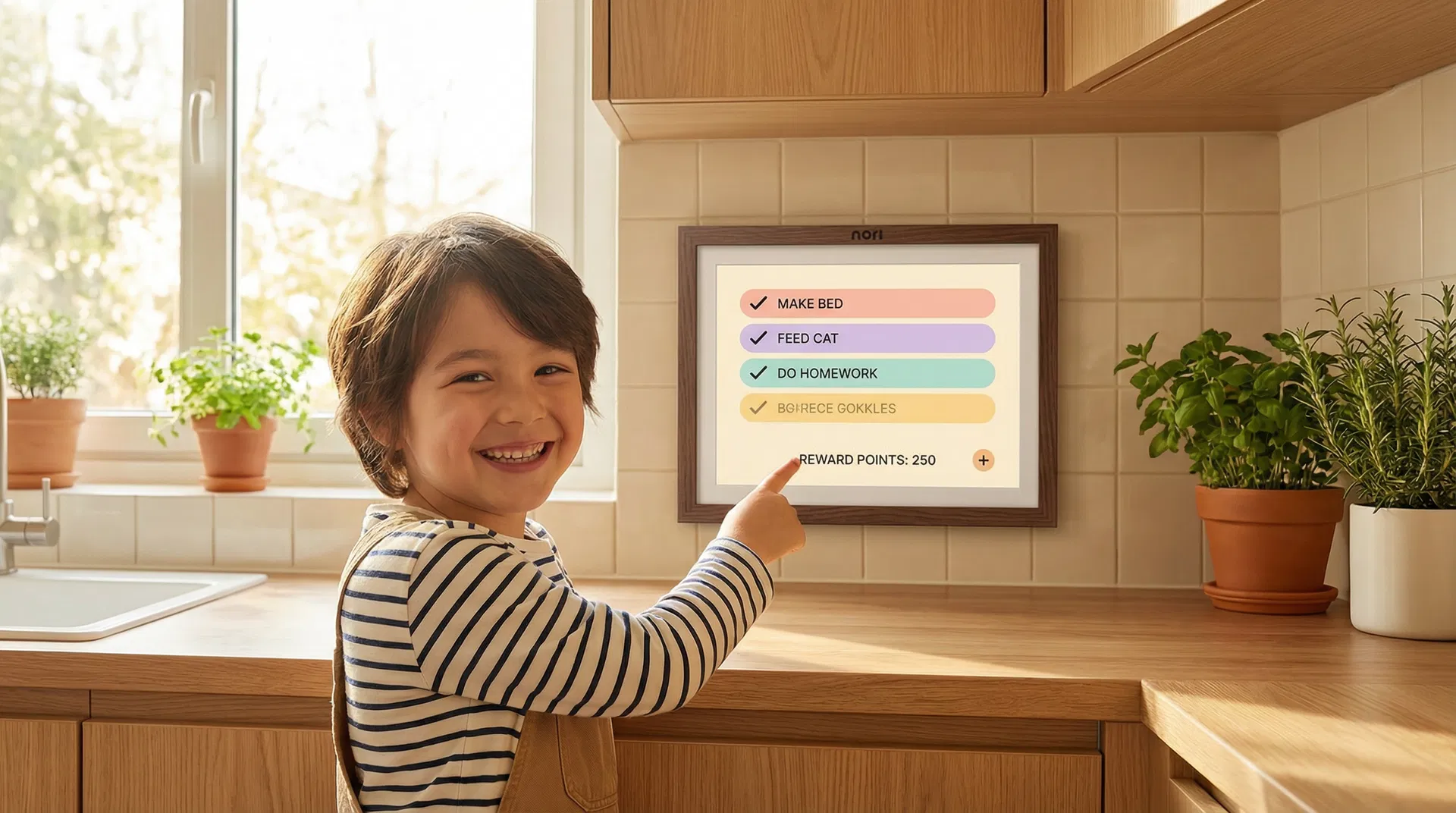 A happy child pointing at the Nori display showing completed tasks and reward points