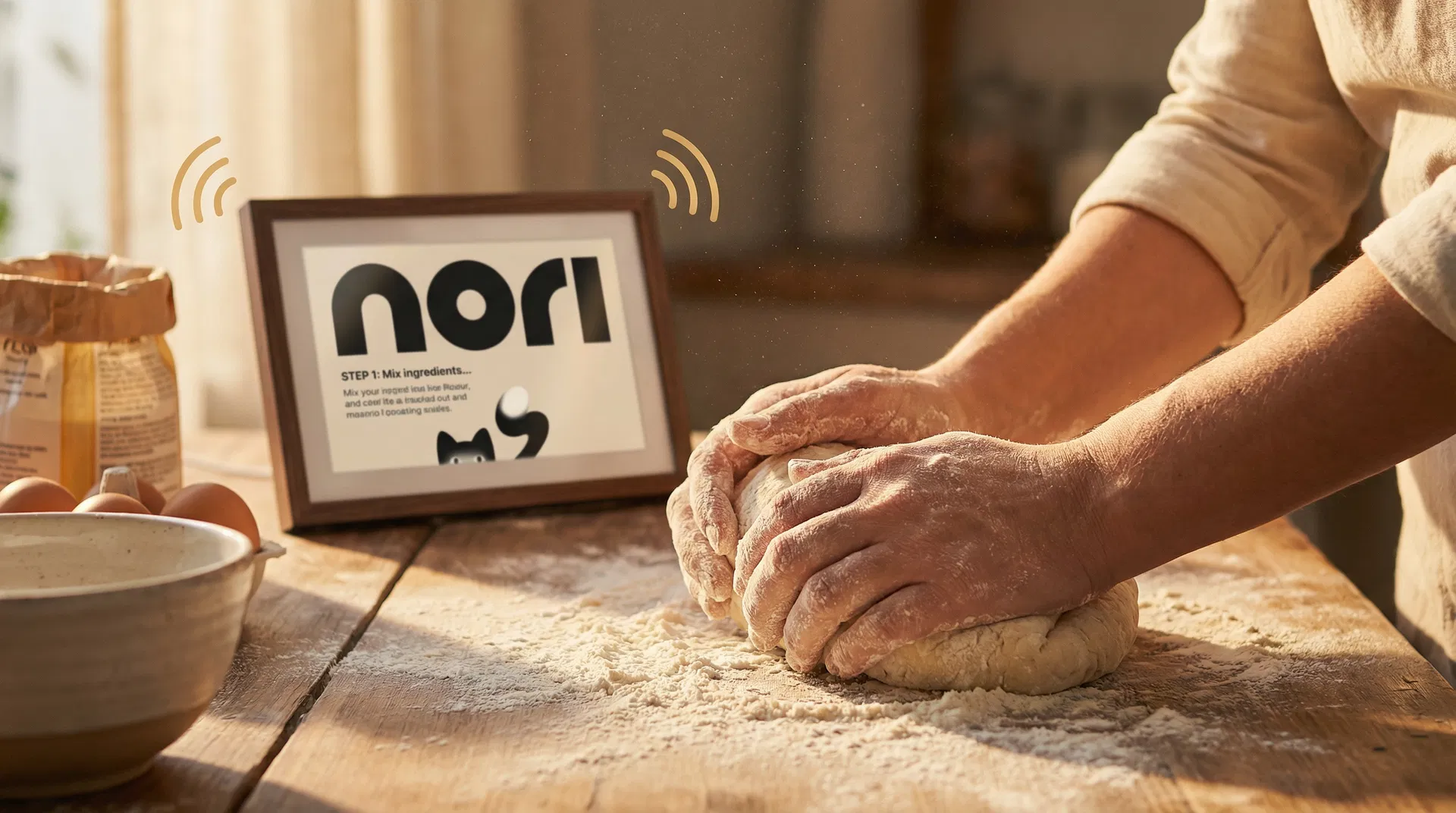 Hands kneading dough with flour while Nori display shows recipe instructions in the background