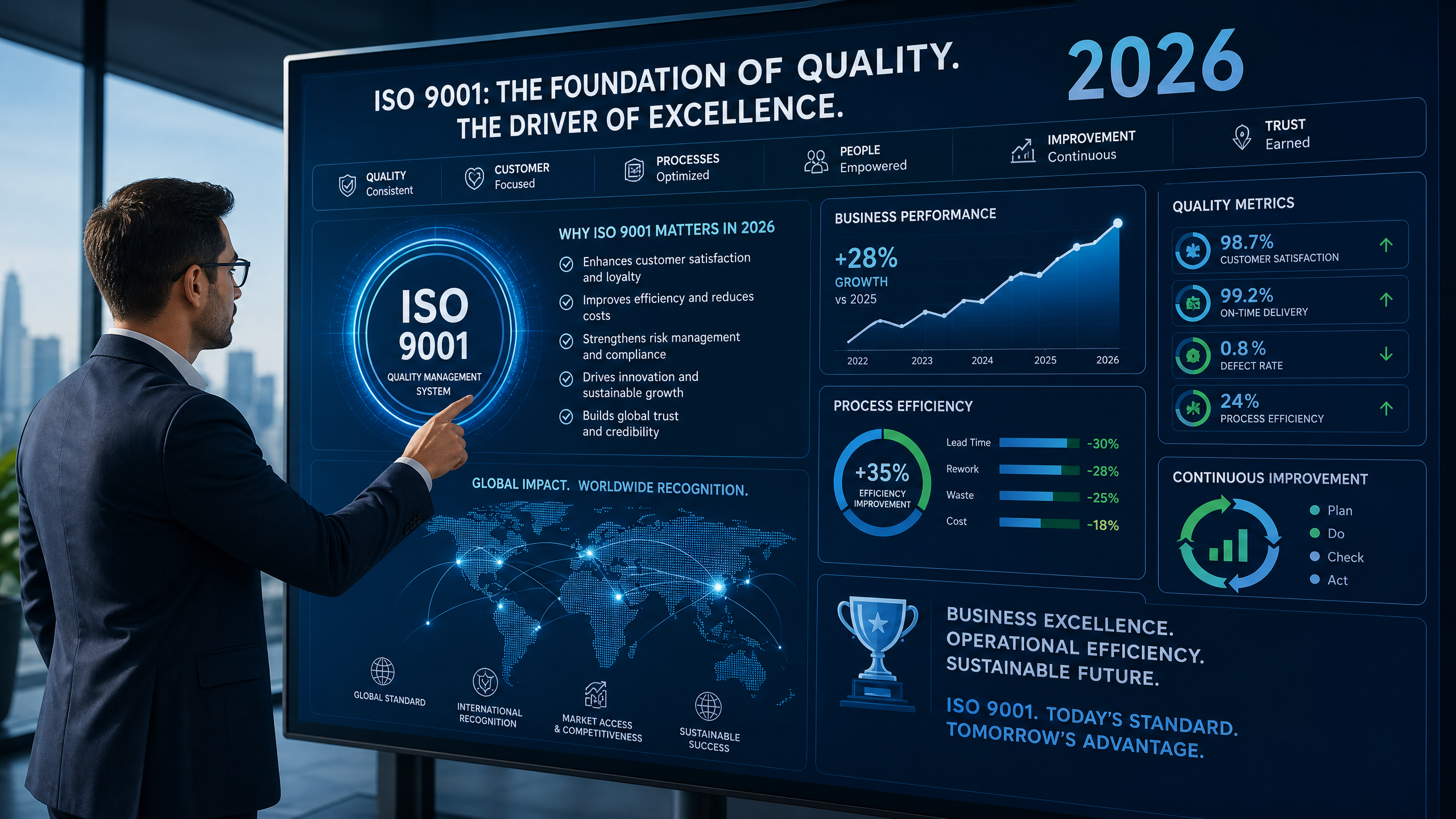 Dashboard digital menunjukkan pentingnya ISO 9001 untuk pertumbuhan bisnis.