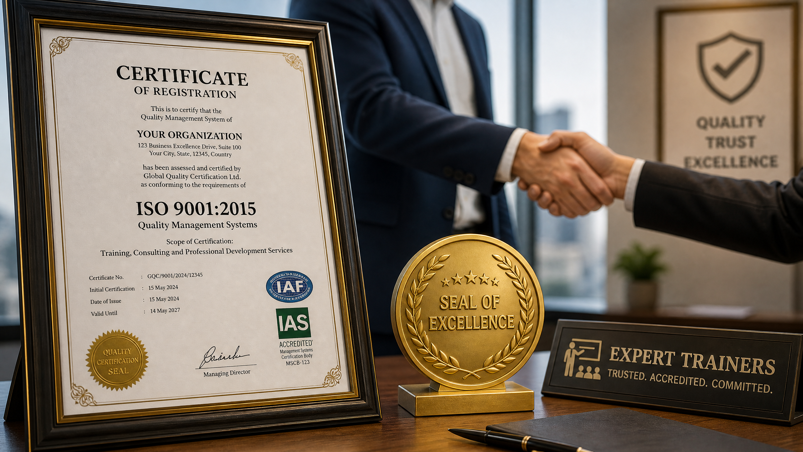 Sertifikat ISO 9001 dan jabat tangan, simbol kepercayaan dan keahlian.