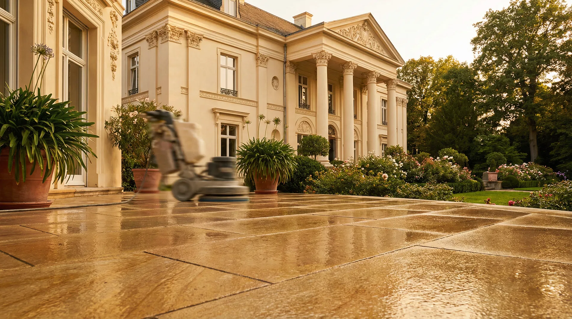 Natursteinpflege Potsdam – Professionelle Steinreinigung vor einer Villa