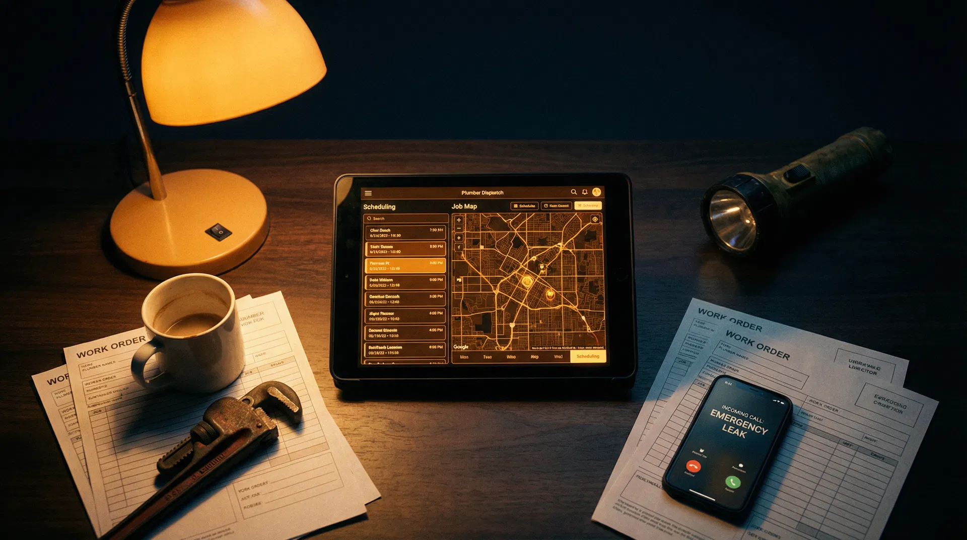 Dispatch desk with plumbing emergency calls being managed