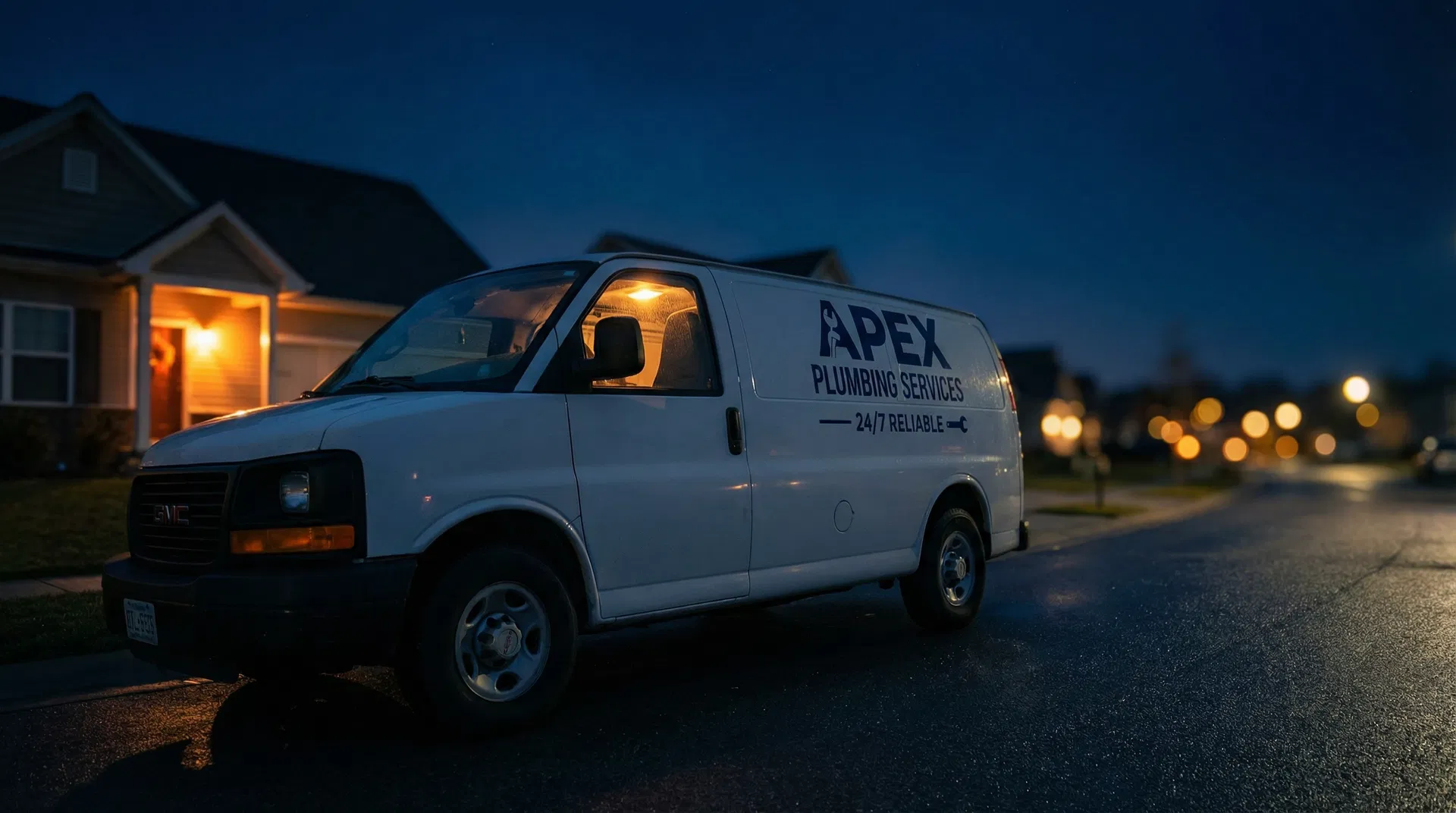 Plumbing service van at night ready for emergency calls