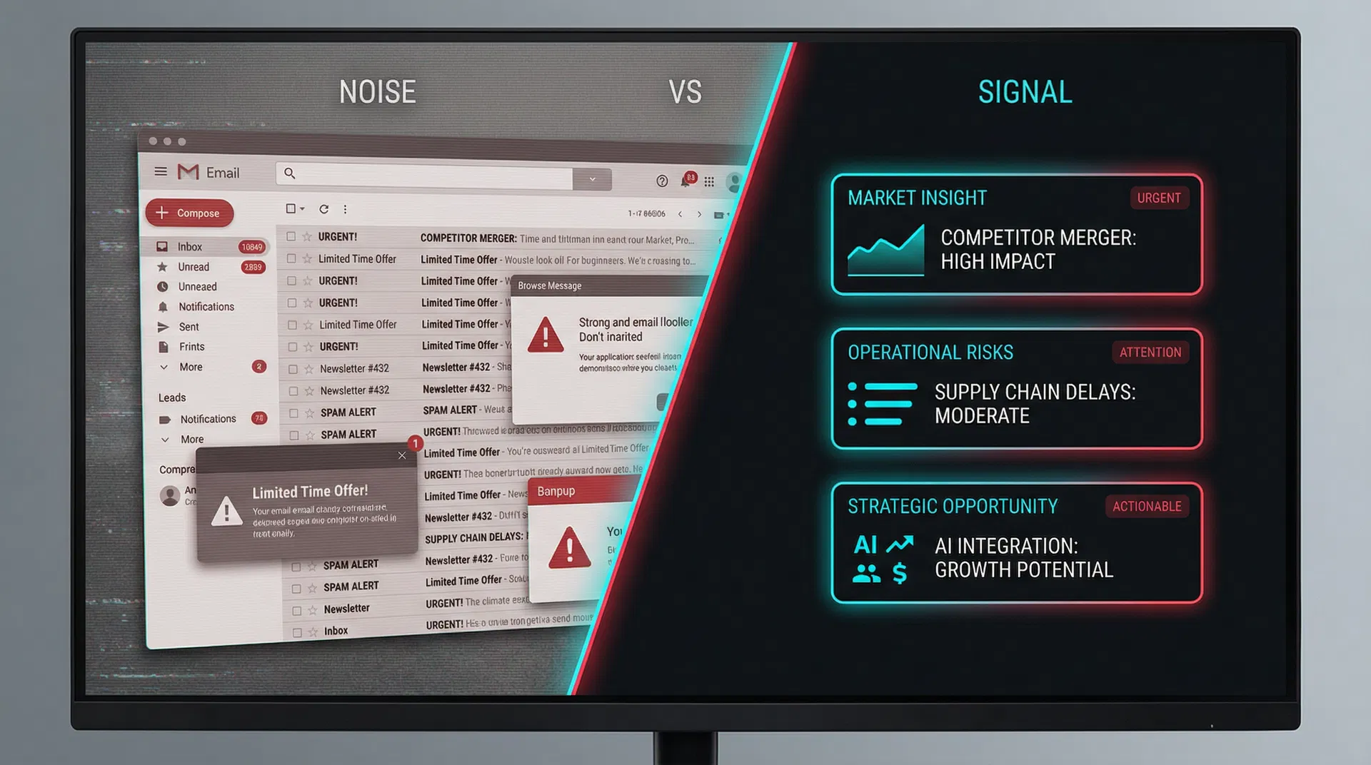 Comparison showing cluttered inbox vs clean AI insights