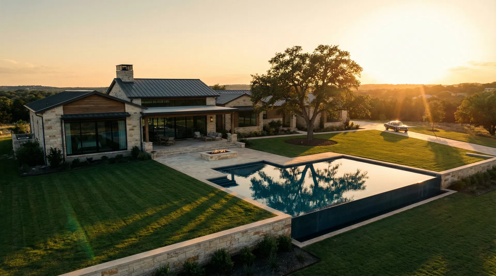 Aerial view of luxury property at golden hour