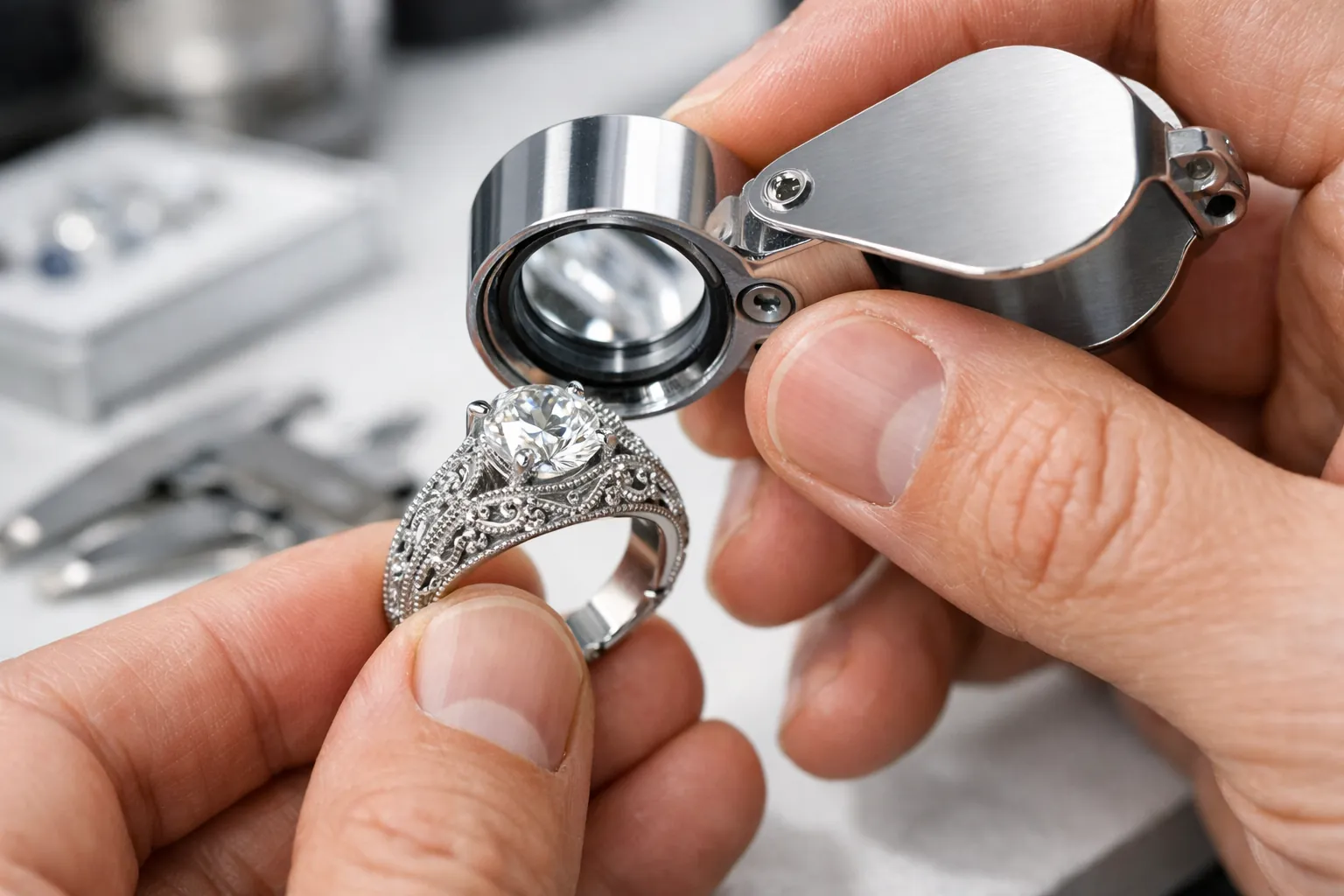 How to Find a Reliable Custom Jewelry Manufacturer in China (2026 Guide) 4 Jeweler inspecting a finished ring with a loupe