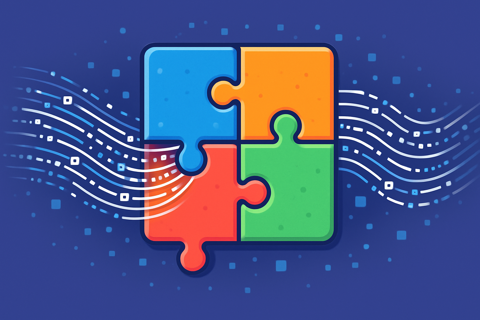 Ilustração de peças de quebra-cabeça se encaixando em um fluxo de dados