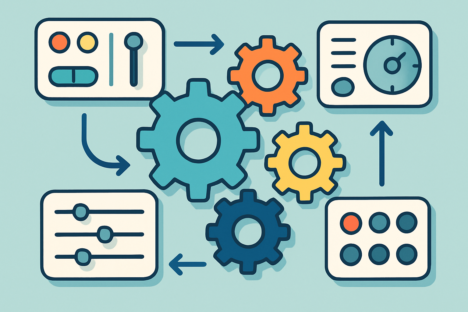 Ilustração de engrenagens e painéis de controle