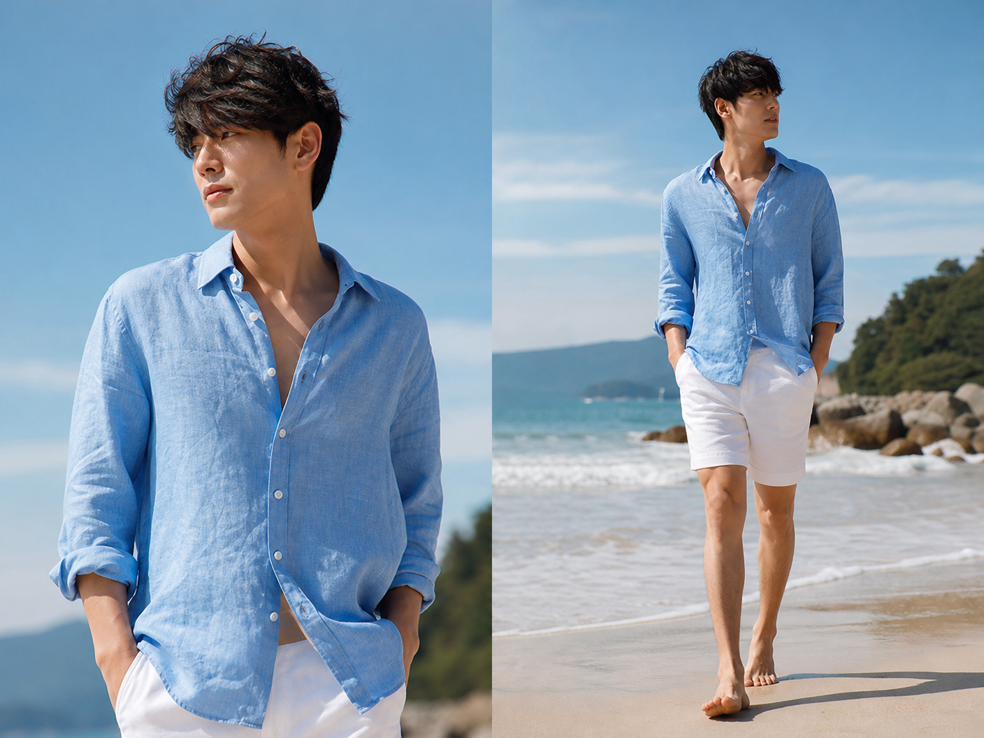 Outfit đi biển phóng khoáng với áo sơ mi linen nam
