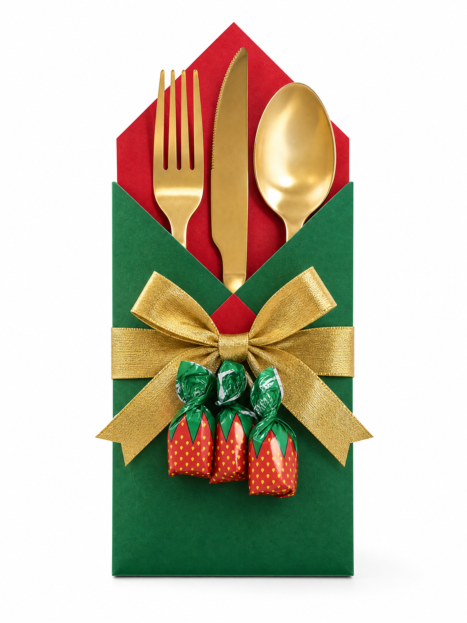 Porta-talheres natalino com balas e laço dourado