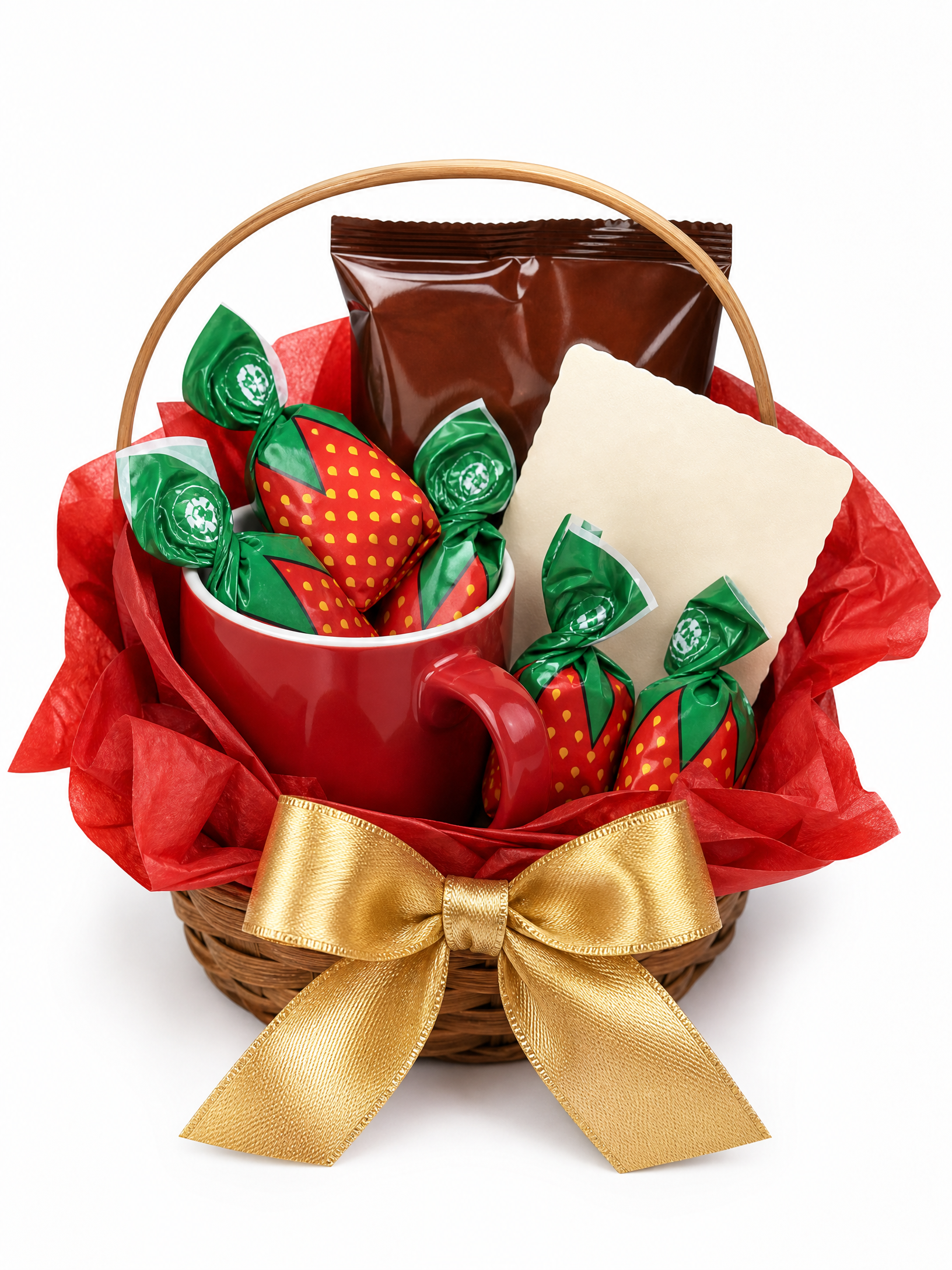 Cesta de boas-vindas com caneca, chocolate e balas