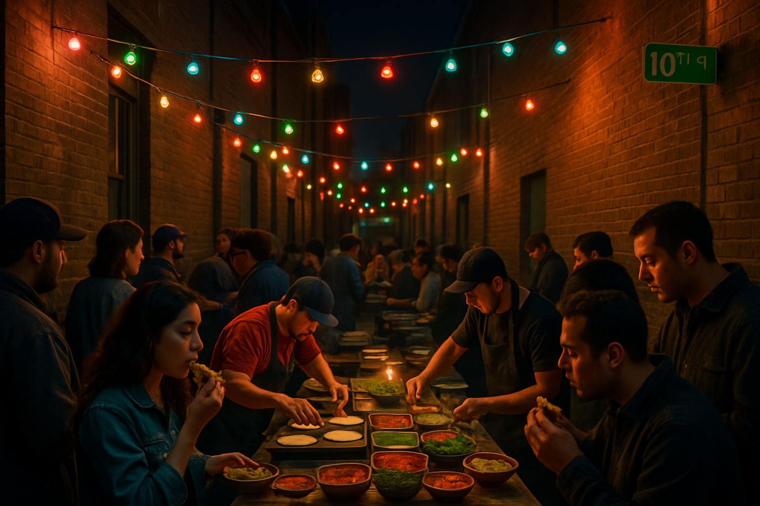 Nighttime secret taco stand in an alley off 10th Street in Tracy with colorful string lights, chefs preparing handmade tortillas, and customers enjoying creative tacos