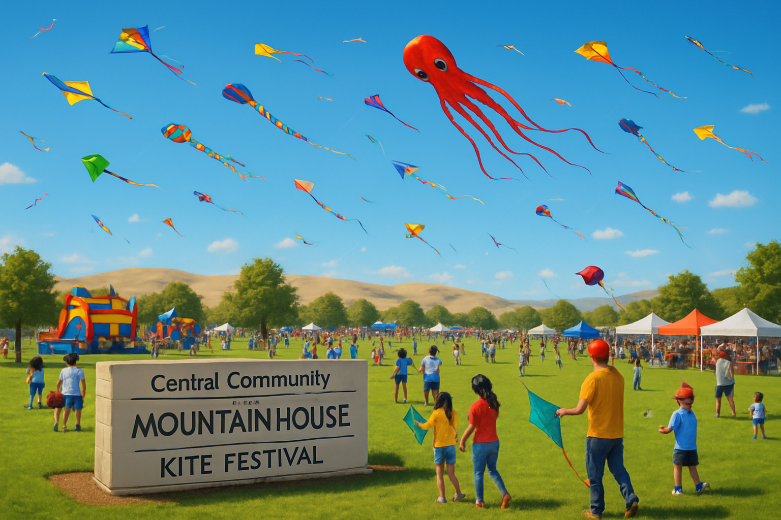 Colorful kites flying over Central Community Park in Mountain House with families, food vendors, and East Bay hills visible in the background during the annual community kite festival