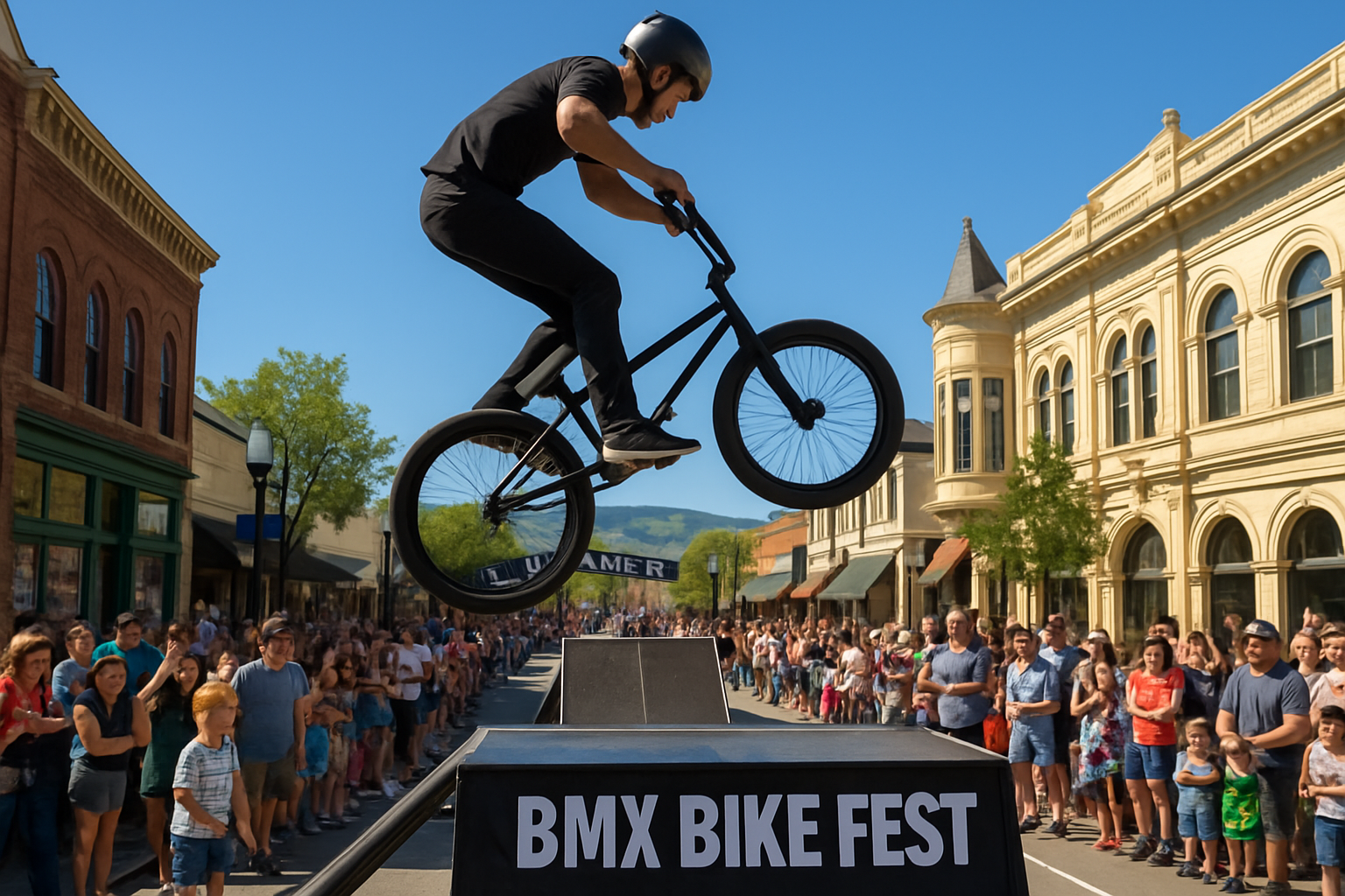 Professional BMX rider performing mid-air stunt on temporary ramps set up on Main Street in downtown Pleasanton with historic buildings and spectators visible below