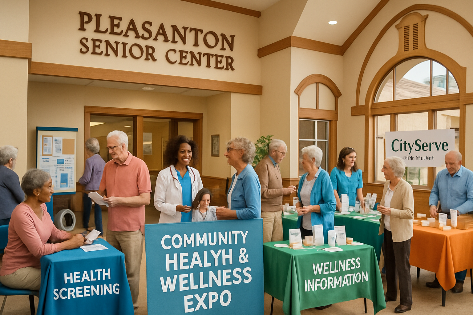 Senior citizens and healthcare professionals interacting at information booths inside the Pleasanton Senior Center during the CityServe Community Health and Wellness Expo