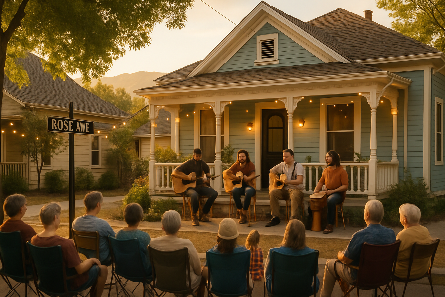 Local musicians performing acoustic music on a home porch on Rose Avenue in Pleasanton with neighbors gathered in lawn chairs and East Bay hills visible in the golden afternoon light