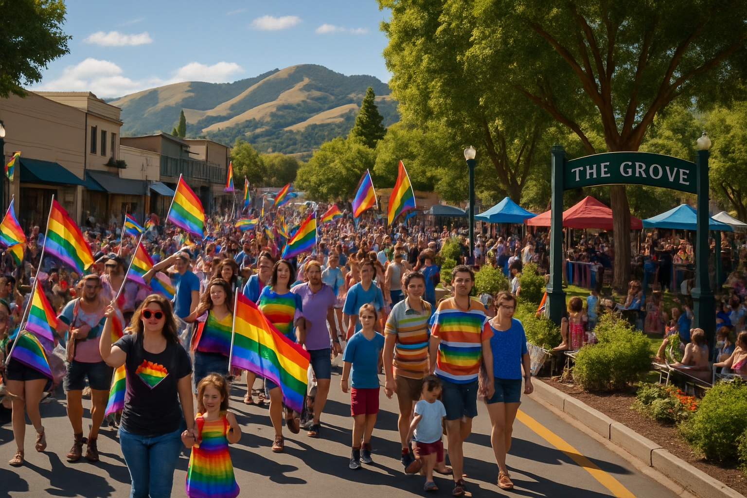 Colorful Pride parade with rainbow flags marching through downtown Clayton toward The Grove with East Bay hills visible in the background
