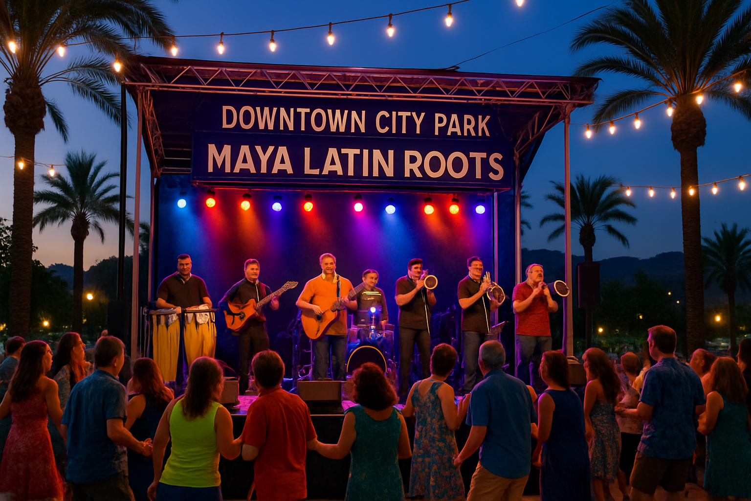 Maya Latin Roots band performing salsa and Latin music at Downtown City Park in Brentwood with colorful stage lighting and palm trees