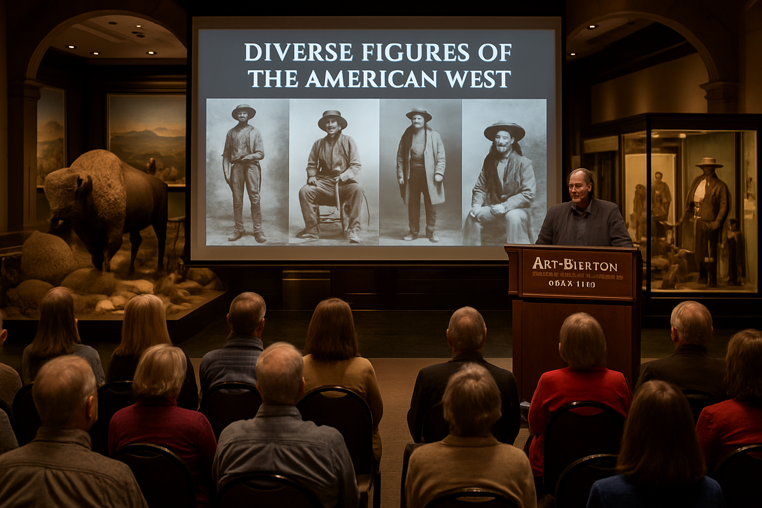 Historian Art Burton presenting on diverse figures of the American West at Blackhawk Museum in Danville with historical photographs and artifacts