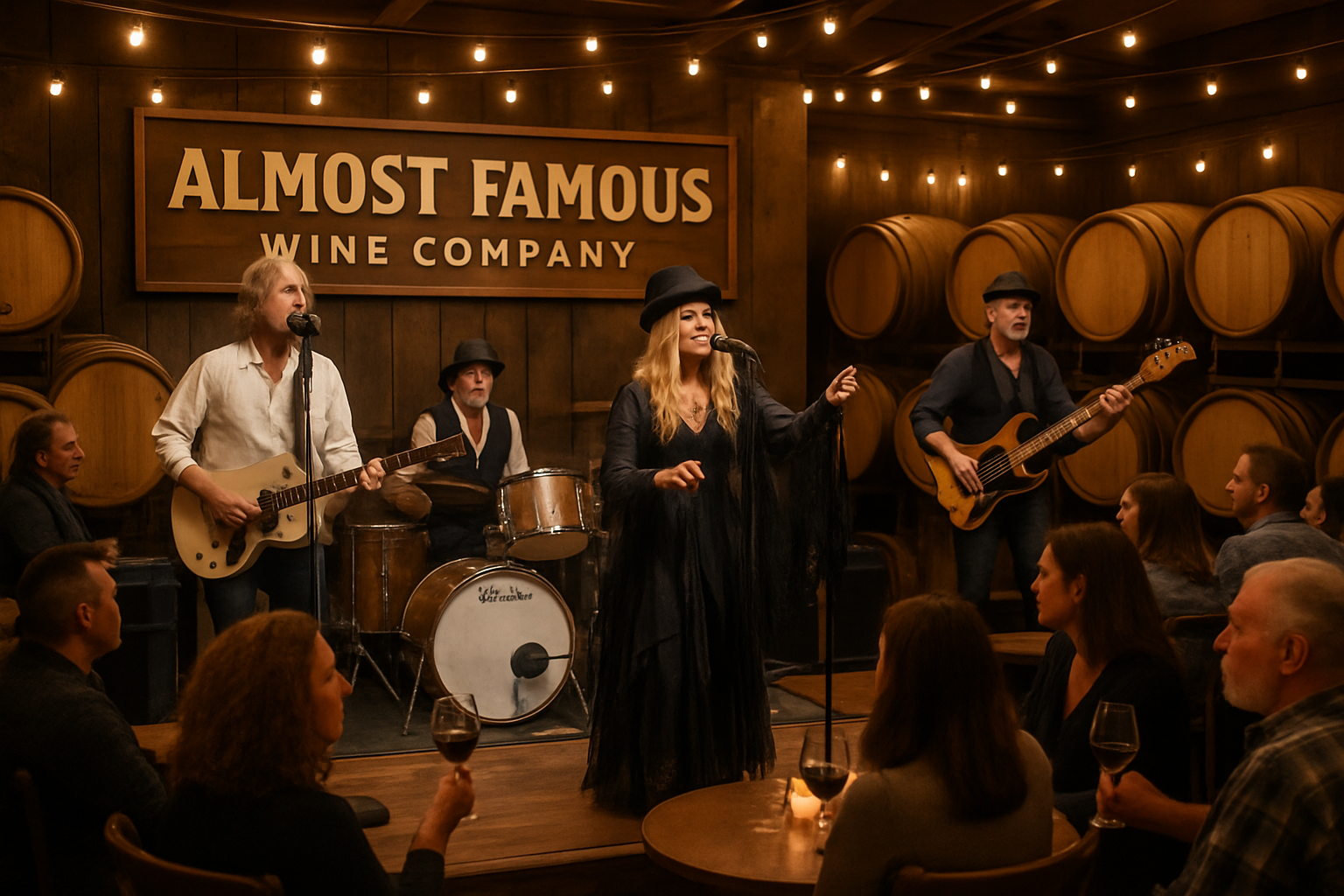 Fleetwood Mac tribute band performing at Almost Famous Wine Company in Livermore with wine barrels and string lights creating an intimate East Bay winery atmosphere