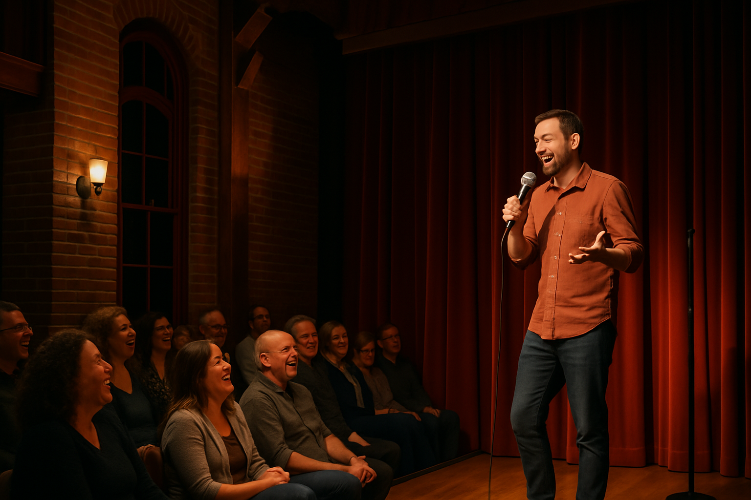 Stand-up comedian performing at the historic Firehouse Arts Center in Pleasanton with intimate audience setting and brick wall backdrop