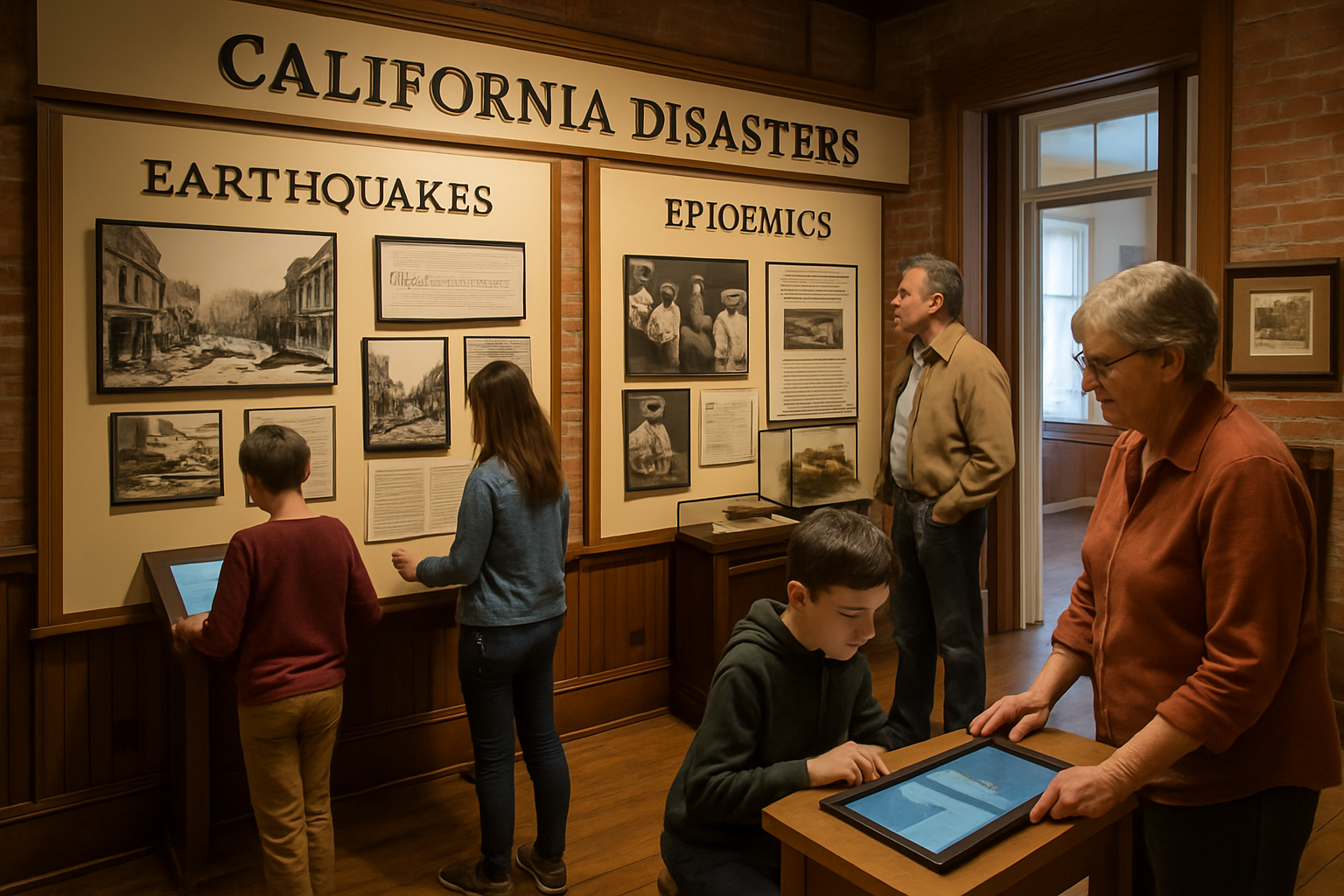 California Disasters exhibit at Museum on Main in Pleasanton featuring historical photographs of earthquakes and epidemics with interactive displays