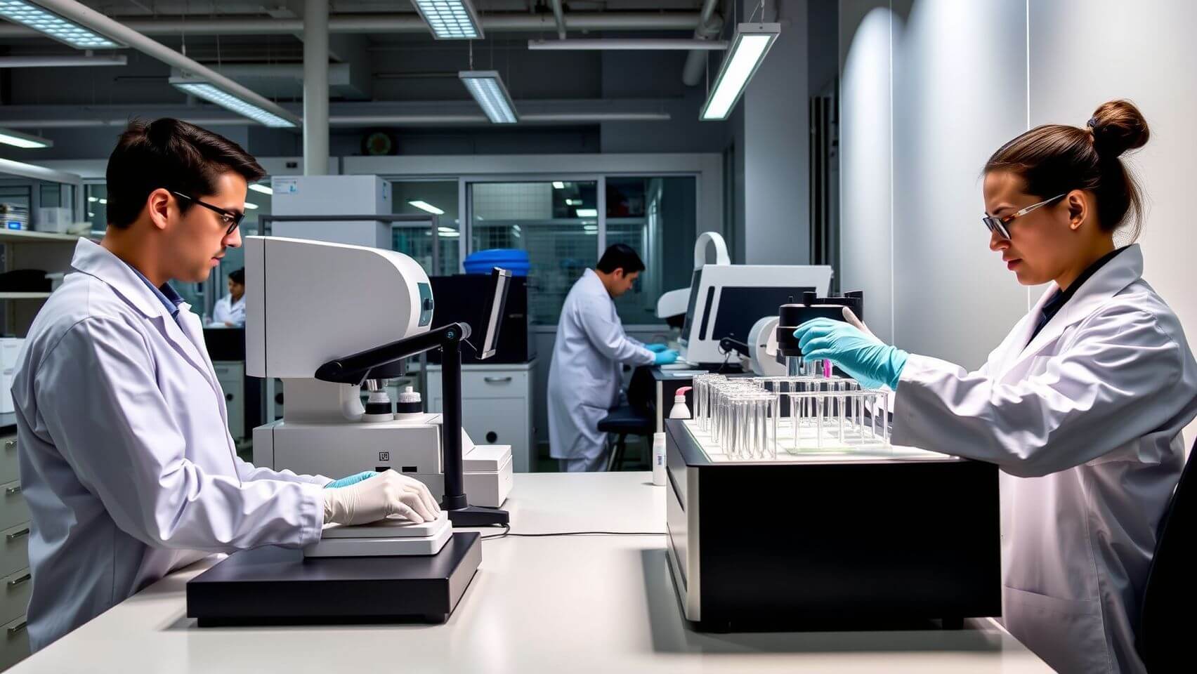 State-of-the-art laboratory with technicians conducting precision testing on zirconia samples to ensure premium quality and consistency