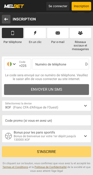 Formulaire d'inscription Melbet