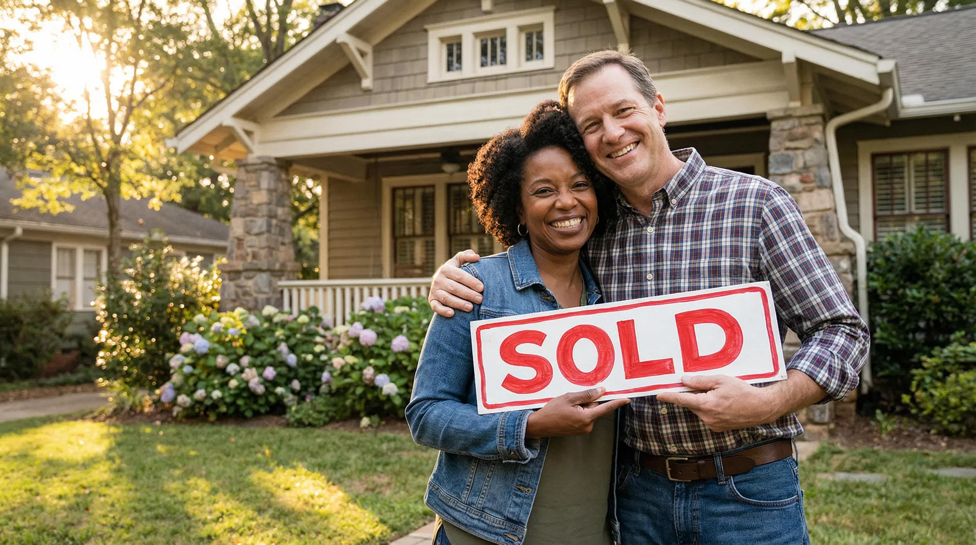 Happy Charlotte homeowners holding a SOLD sign after selling to Fair House Offer