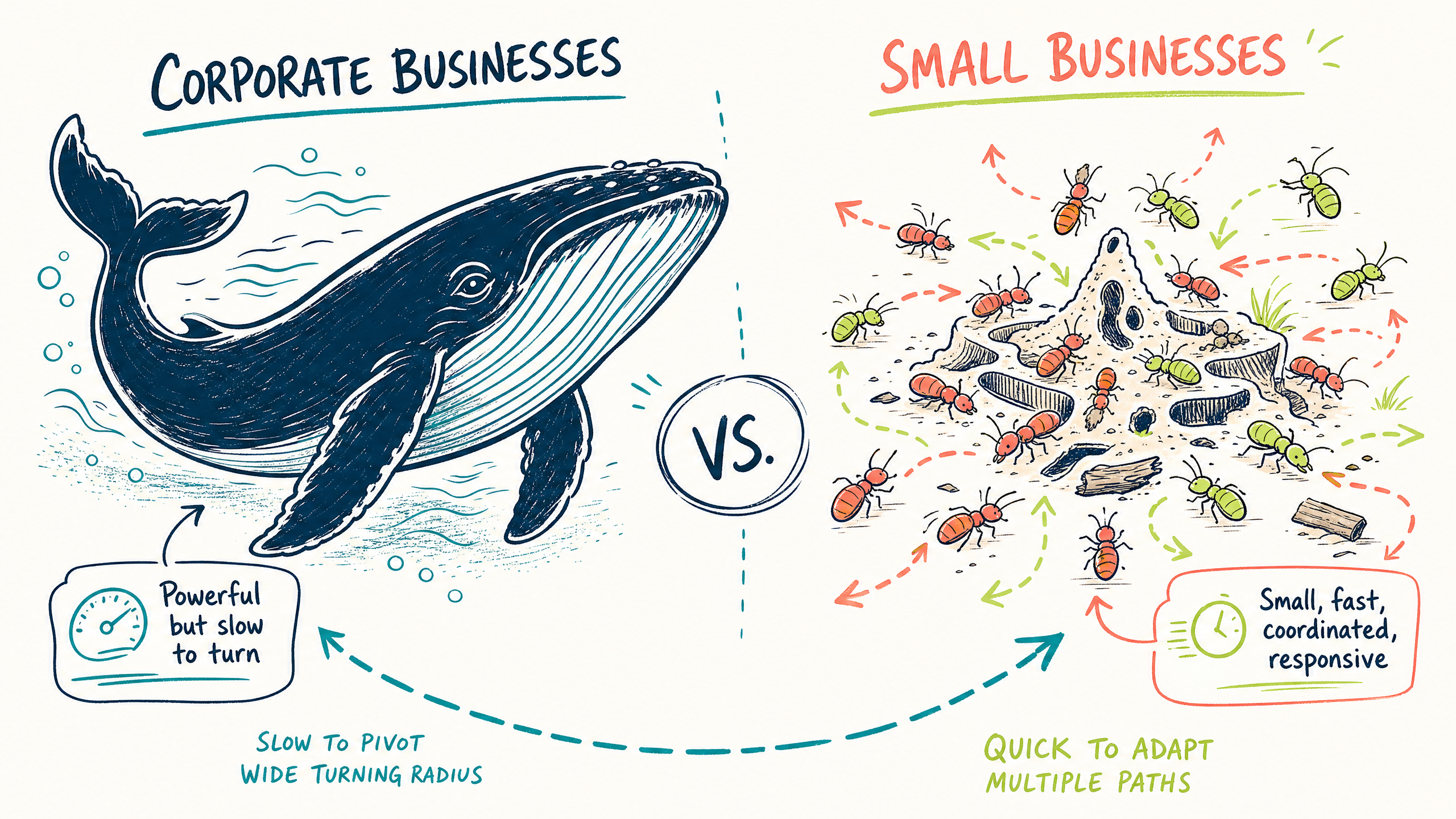 Sketchnote illustration comparing corporate businesses (represented by a large whale — powerful but slow to turn) with small businesses (represented by termites — small, fast, coordinated, and responsive). Visual metaphor for corporate scale vs small business agility. Sketchnote illustration comparing corporate businesses (represented by a large whale — powerful but slow to turn) with small businesses (represented by termites — small, fast, coordinated, and responsive). Visual metaphor for corporate scale vs small business agility.