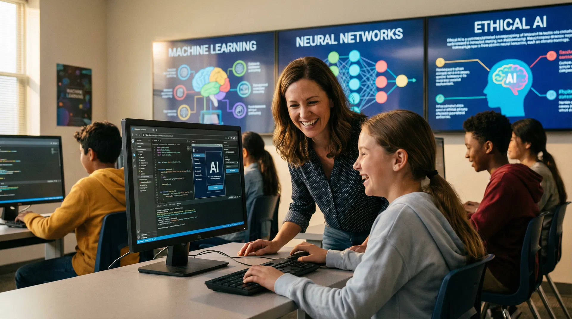 Teacher guiding student in AI concepts